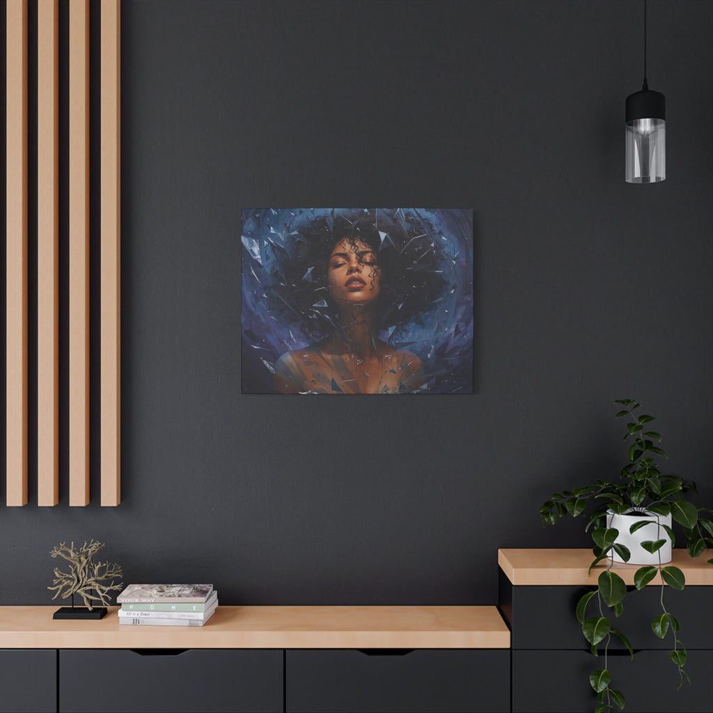 Portrait Canvas Print – Shattered Moonlight: Afro-Hispanic Woman in Indigo, Matte Stretched Wall Art