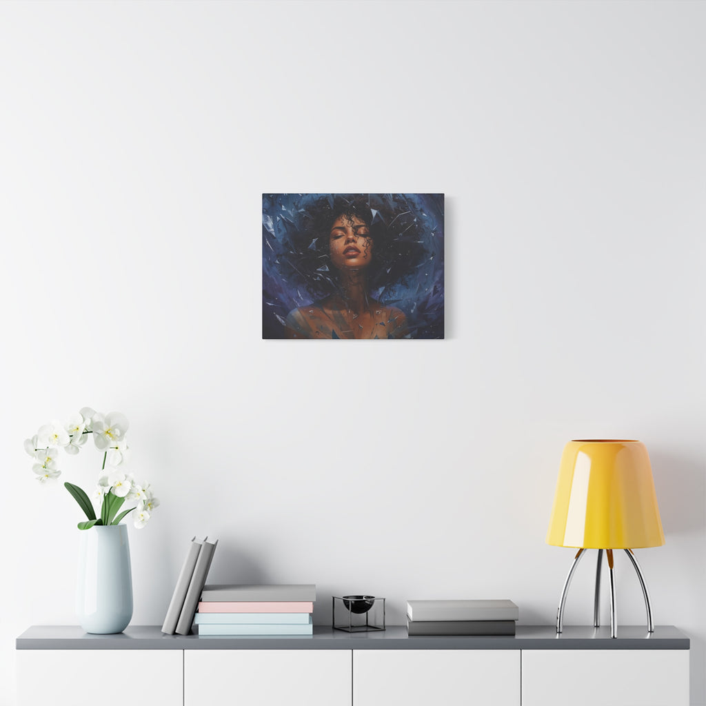 Portrait Canvas Print – Shattered Moonlight: Afro-Hispanic Woman in Indigo, Matte Stretched Wall Art