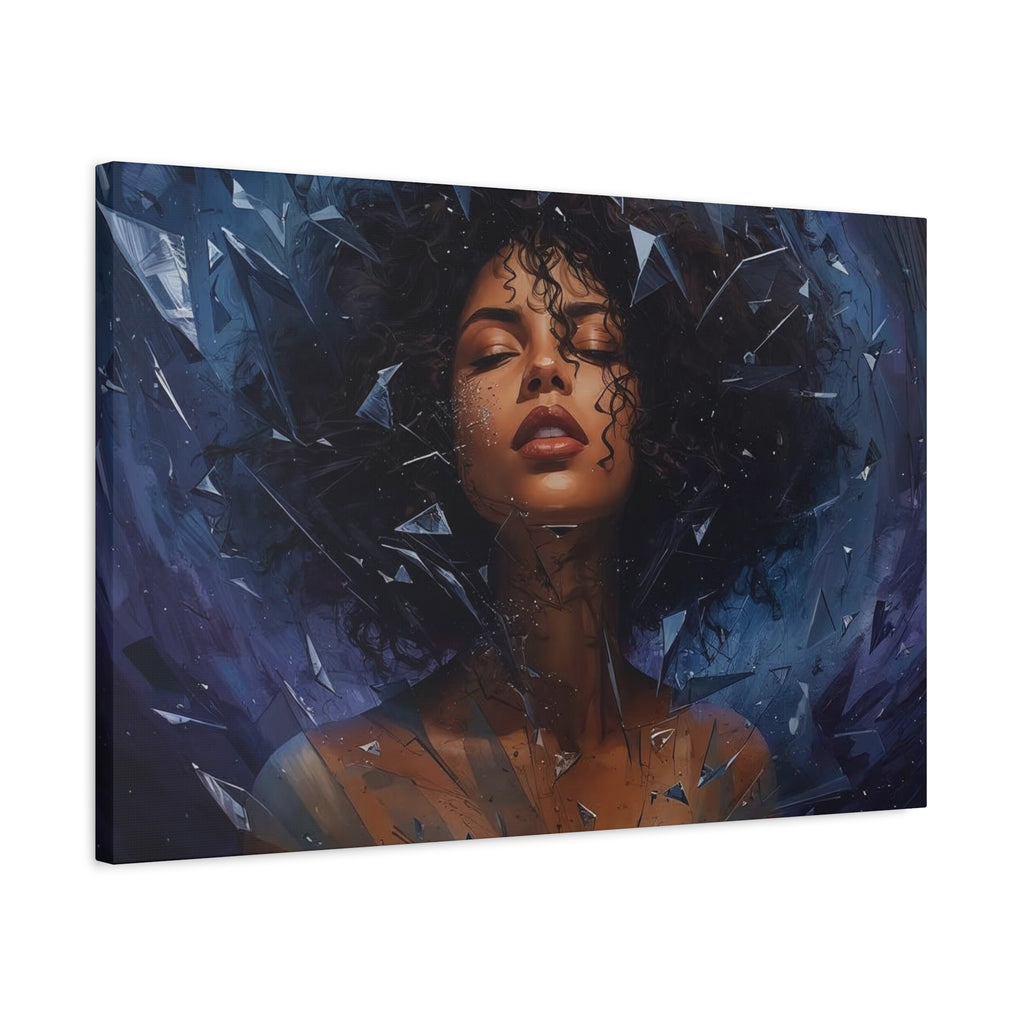Portrait Canvas Print – Shattered Moonlight: Afro-Hispanic Woman in Indigo, Matte Stretched Wall Art