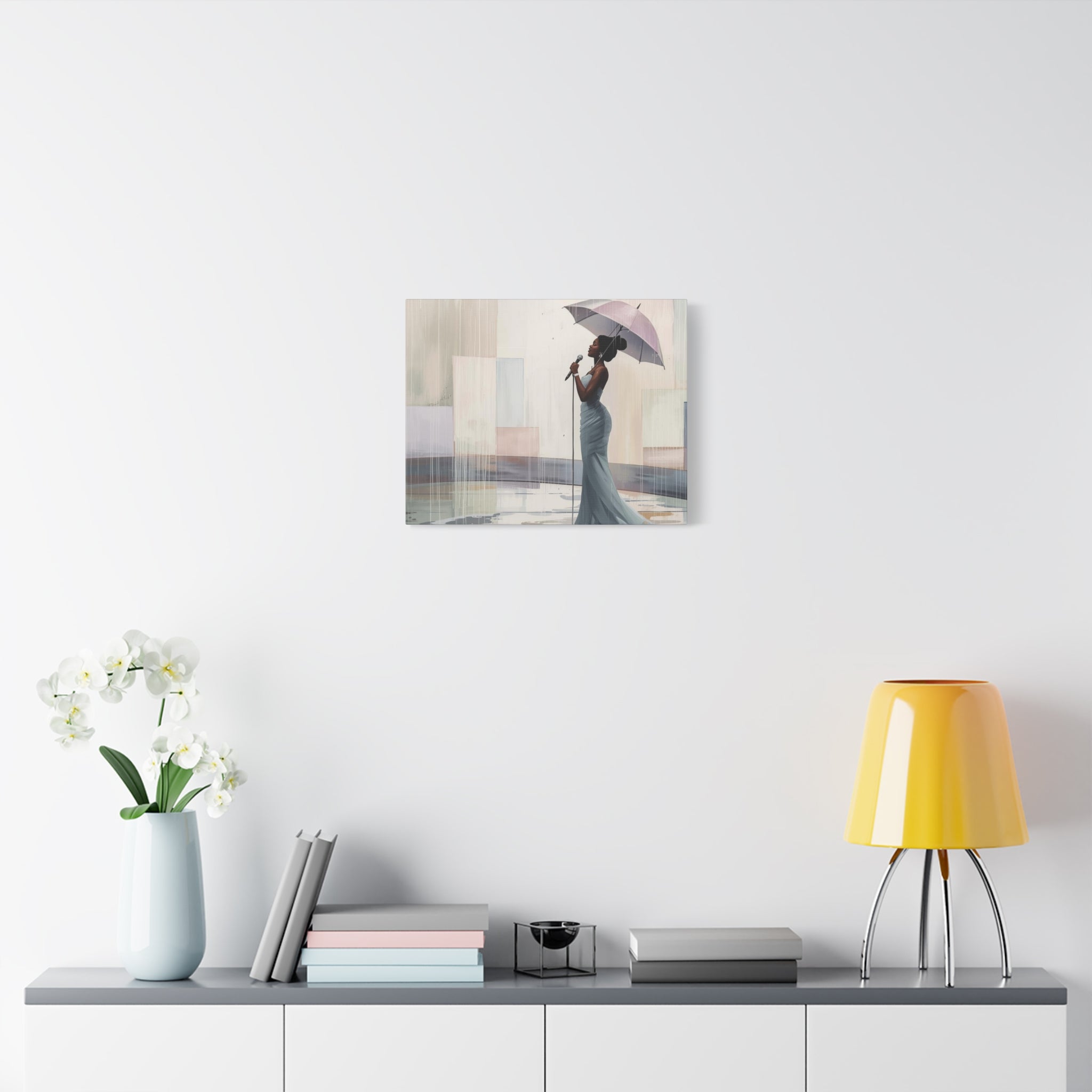 Canvas Print – Soulful Elegance: Singer in Rain with Umbrella, Matte Stretched Wall Art