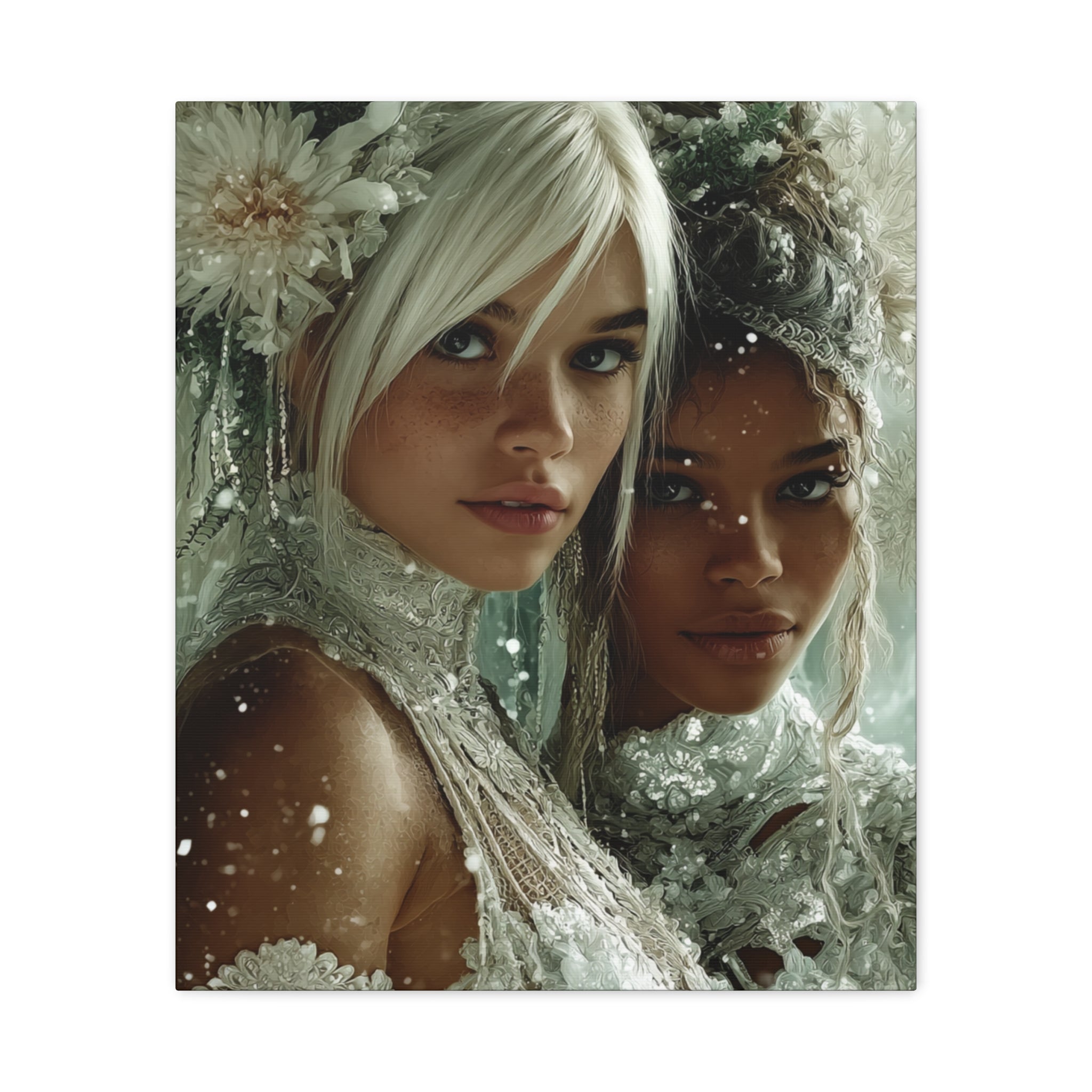 Winter Bloom: Dual Divinity Matte Canvas Print — Ethereal Portrait Wall Art