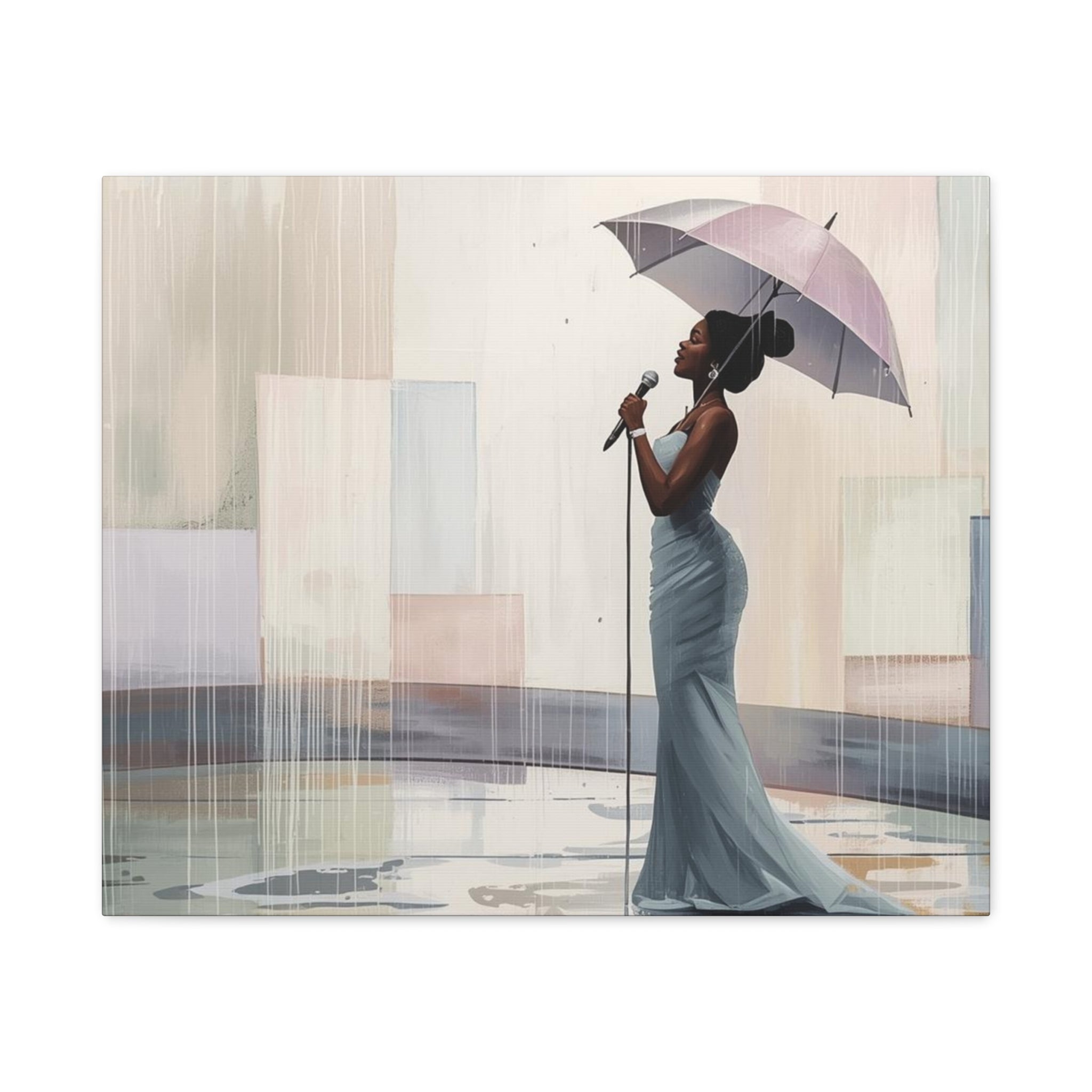 Canvas Print – Soulful Elegance: Singer in Rain with Umbrella, Matte Stretched Wall Art
