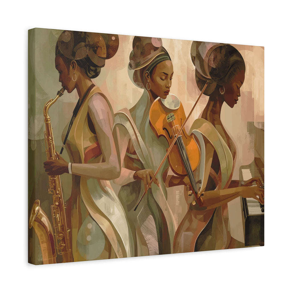 Jazz Trio Canvas Wall Art — Elegant Female Musicians Sax Violin Piano Matte Stretched Print