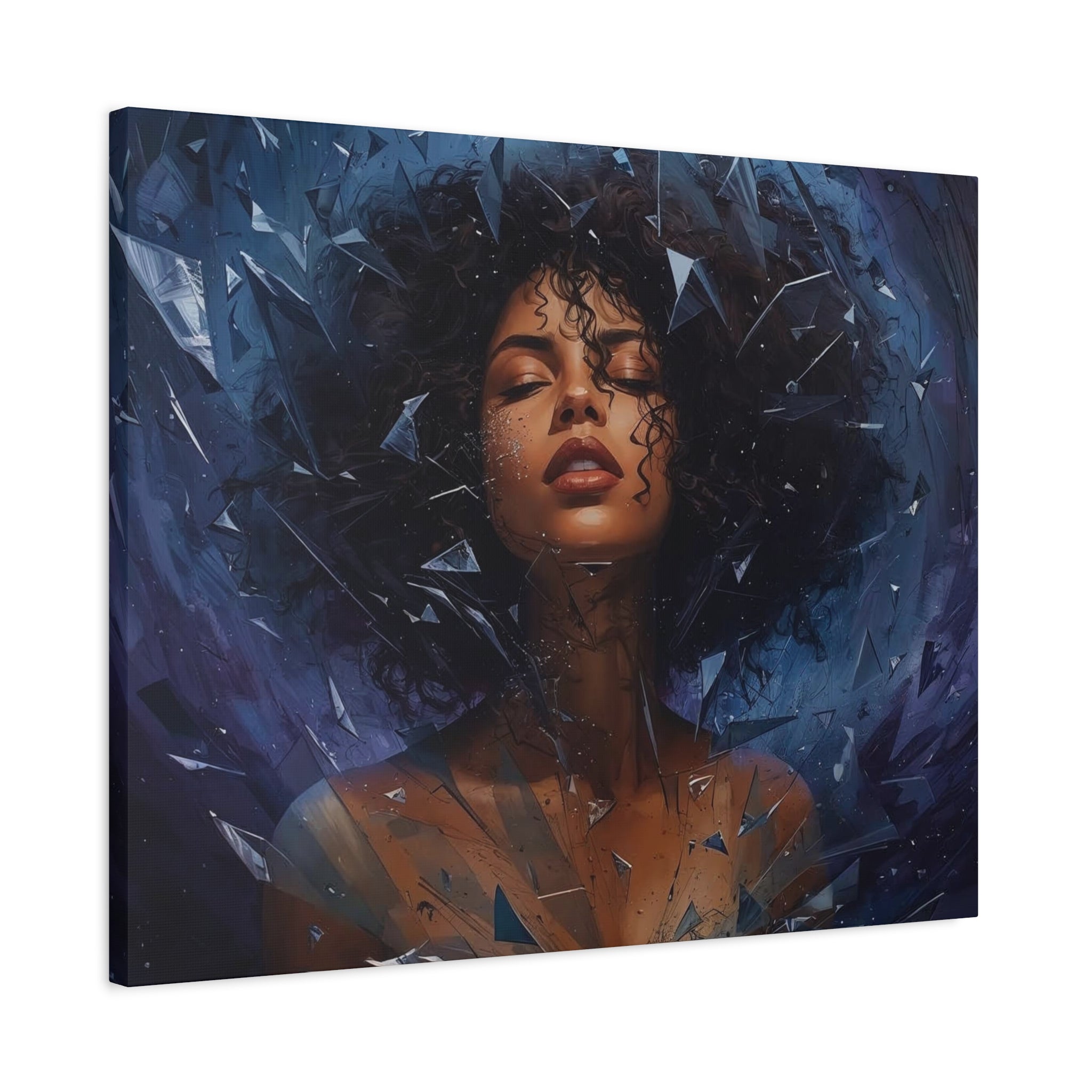 Portrait Canvas Print – Shattered Moonlight: Afro-Hispanic Woman in Indigo, Matte Stretched Wall Art