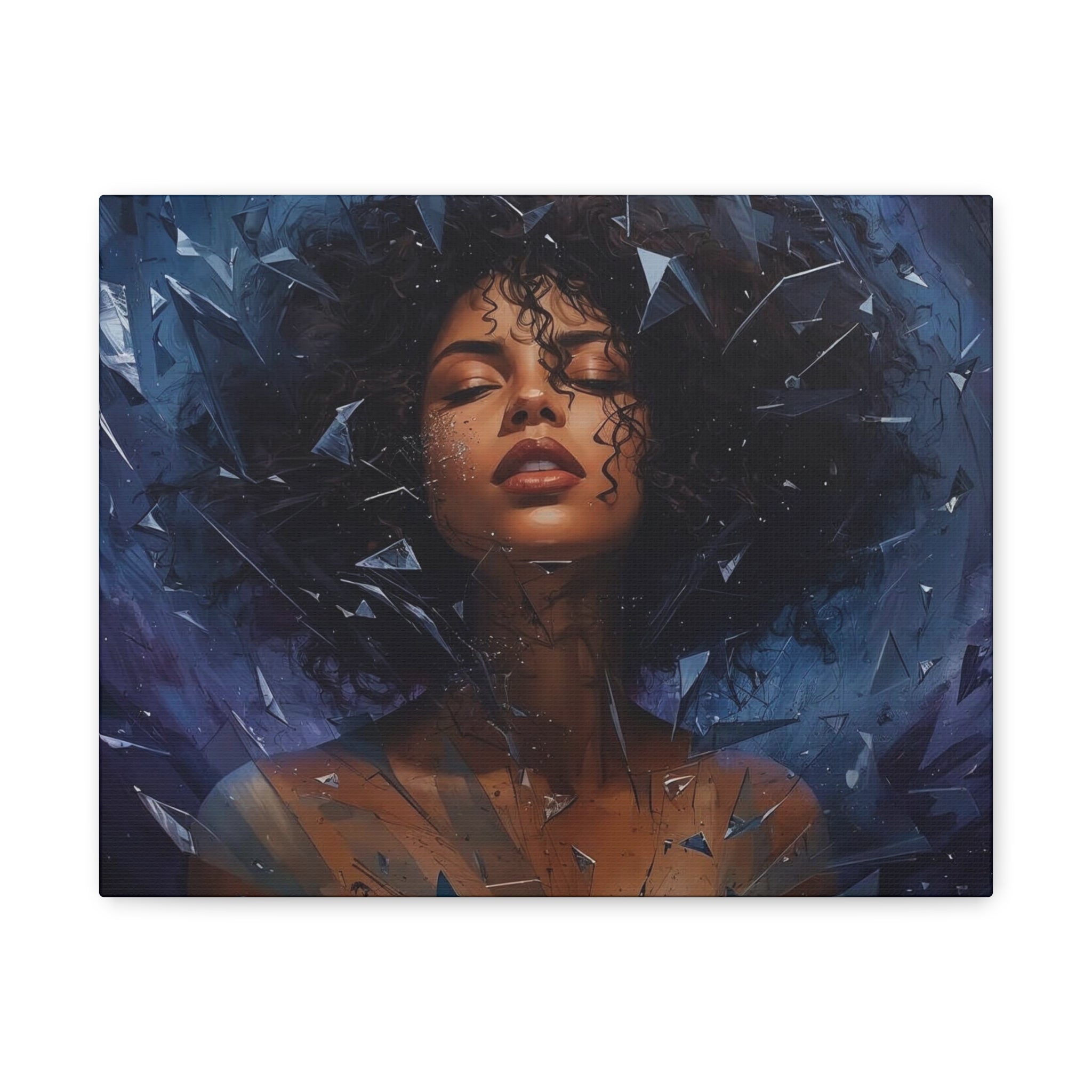 Portrait Canvas Print – Shattered Moonlight: Afro-Hispanic Woman in Indigo, Matte Stretched Wall Art