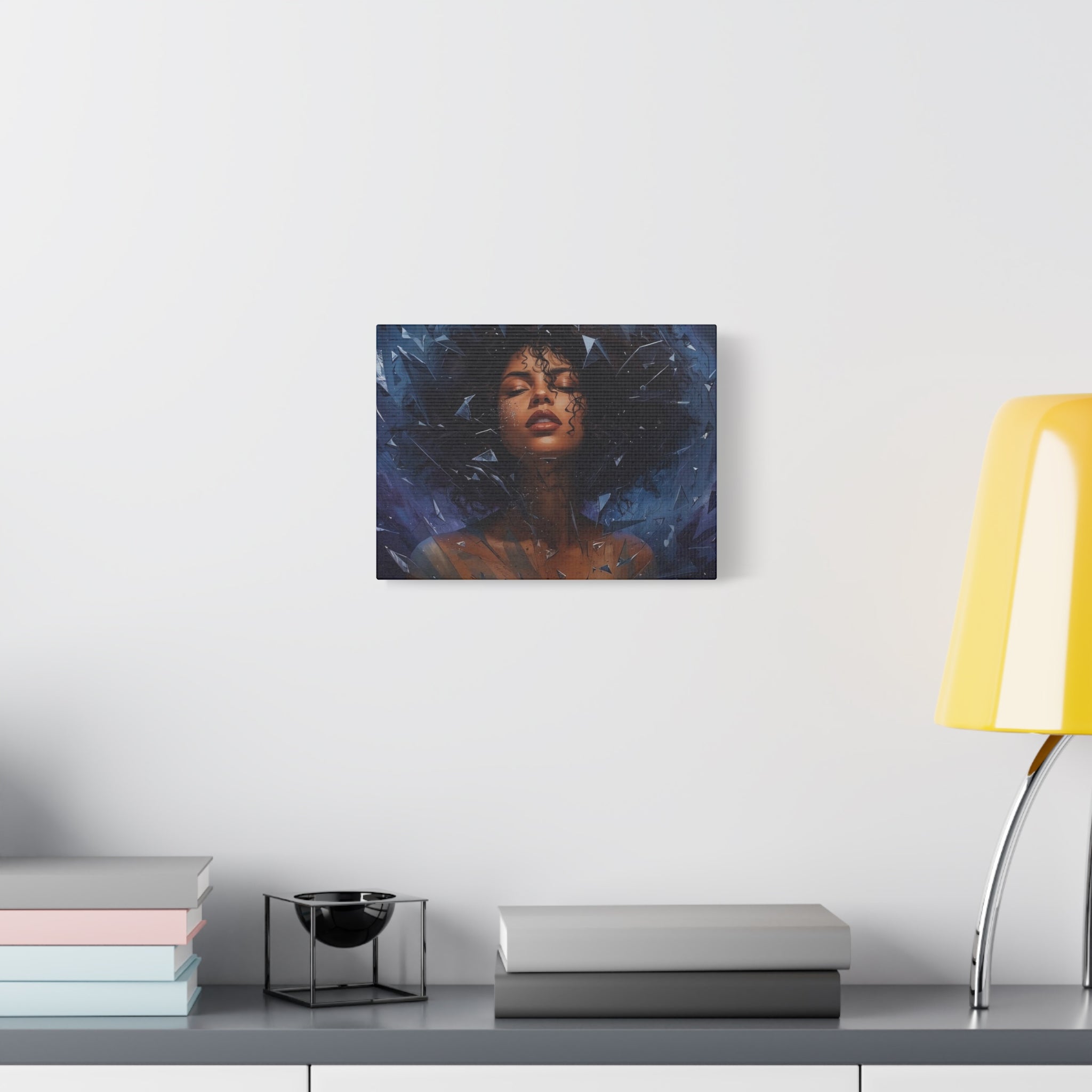 Portrait Canvas Print – Shattered Moonlight: Afro-Hispanic Woman in Indigo, Matte Stretched Wall Art