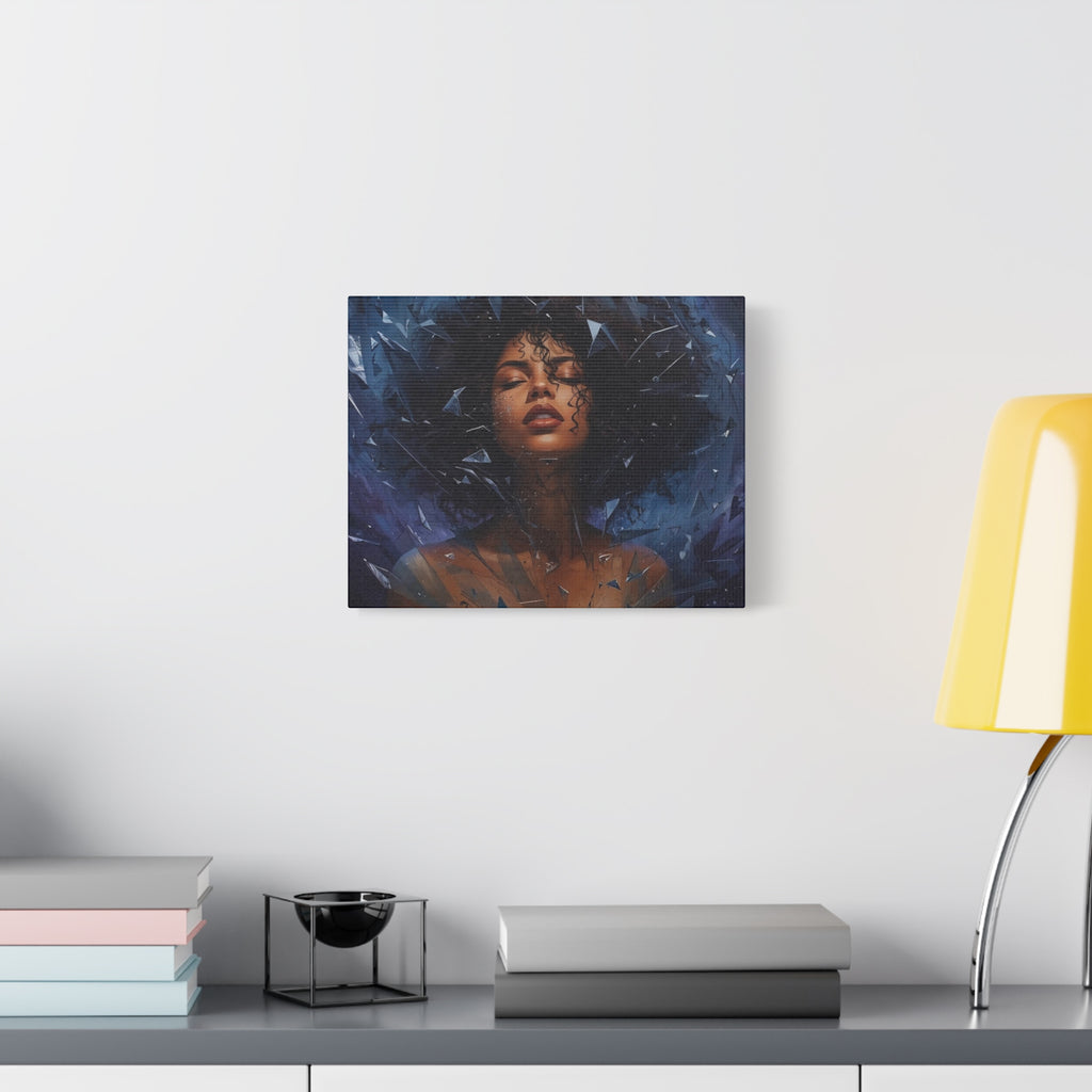 Portrait Canvas Print – Shattered Moonlight: Afro-Hispanic Woman in Indigo, Matte Stretched Wall Art