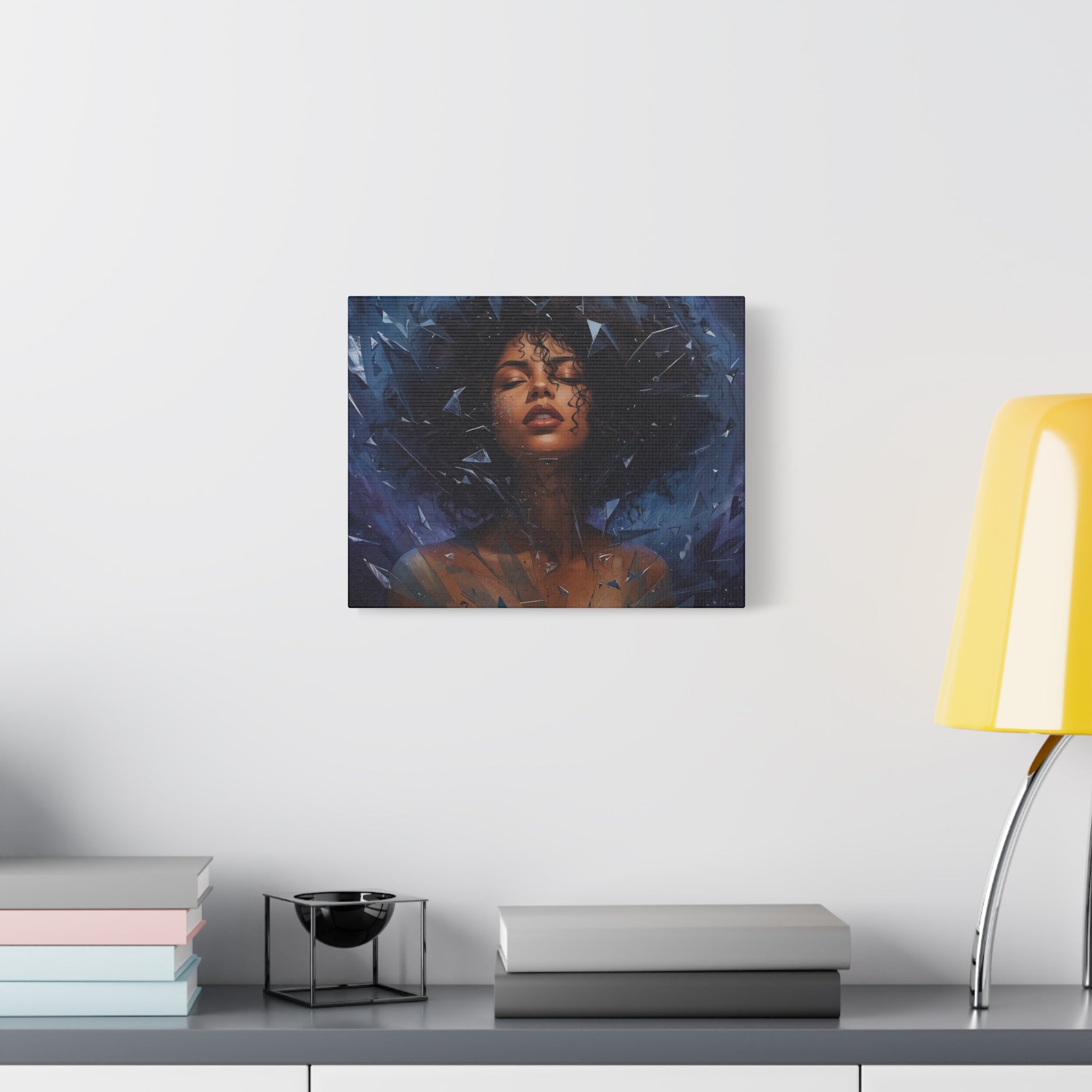 Portrait Canvas Print – Shattered Moonlight: Afro-Hispanic Woman in Indigo, Matte Stretched Wall Art