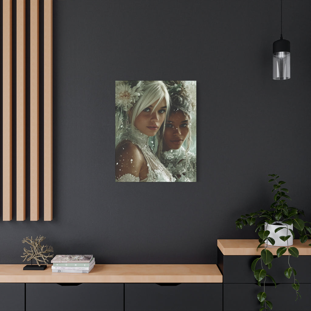 Winter Bloom: Dual Divinity Matte Canvas Print — Ethereal Portrait Wall Art