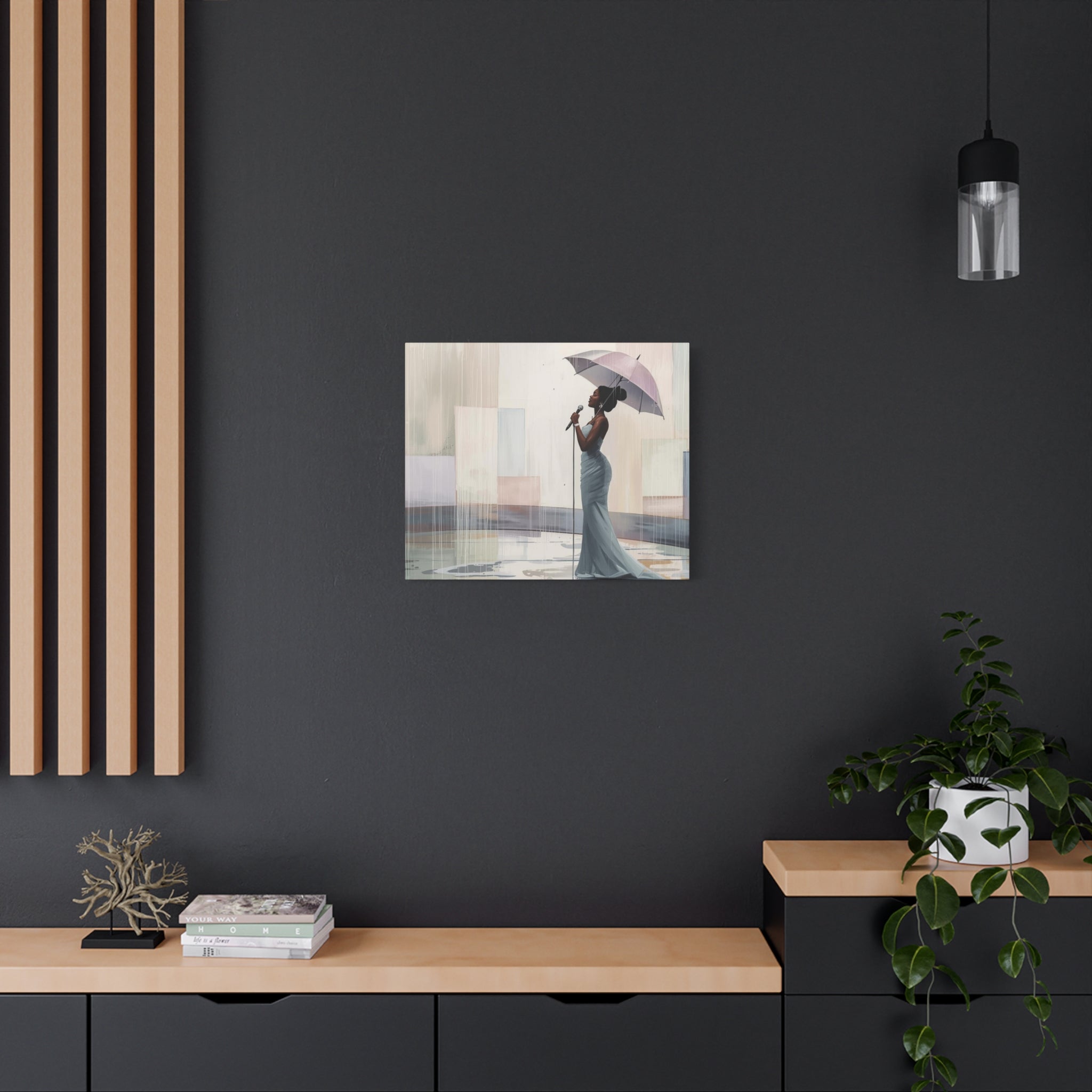 Canvas Print – Soulful Elegance: Singer in Rain with Umbrella, Matte Stretched Wall Art