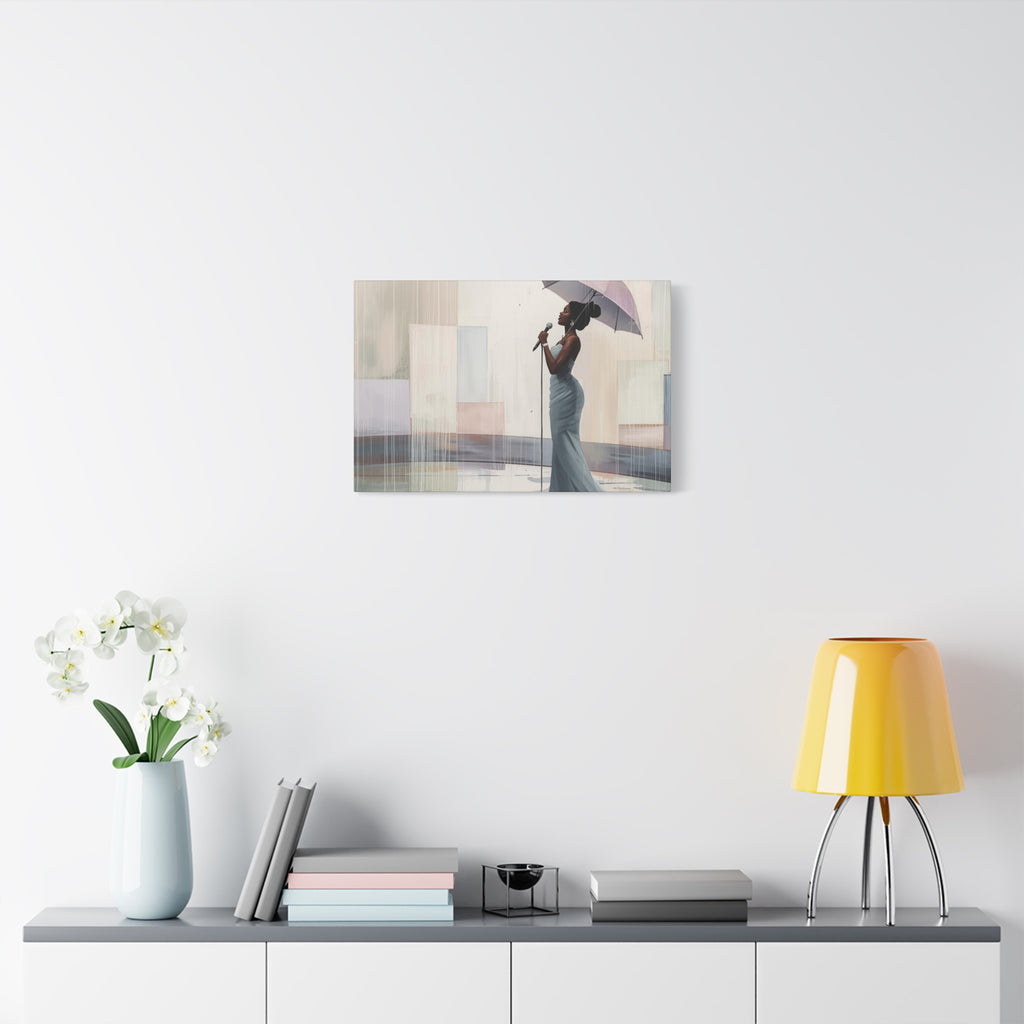 Canvas Print – Soulful Elegance: Singer in Rain with Umbrella, Matte Stretched Wall Art