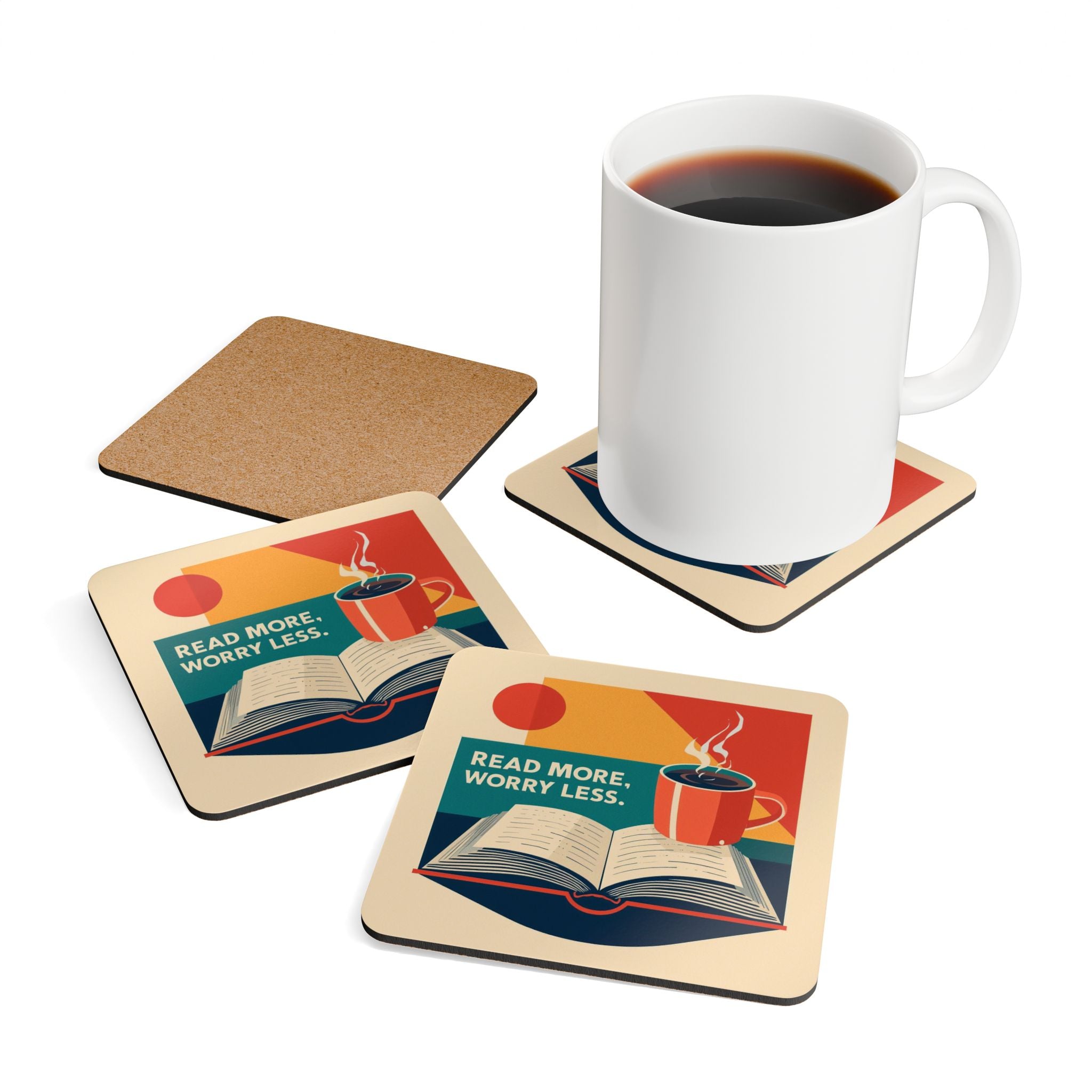 Coaster Set — "Read More, Worry Less" Retro Book & Coffee Cork Coasters