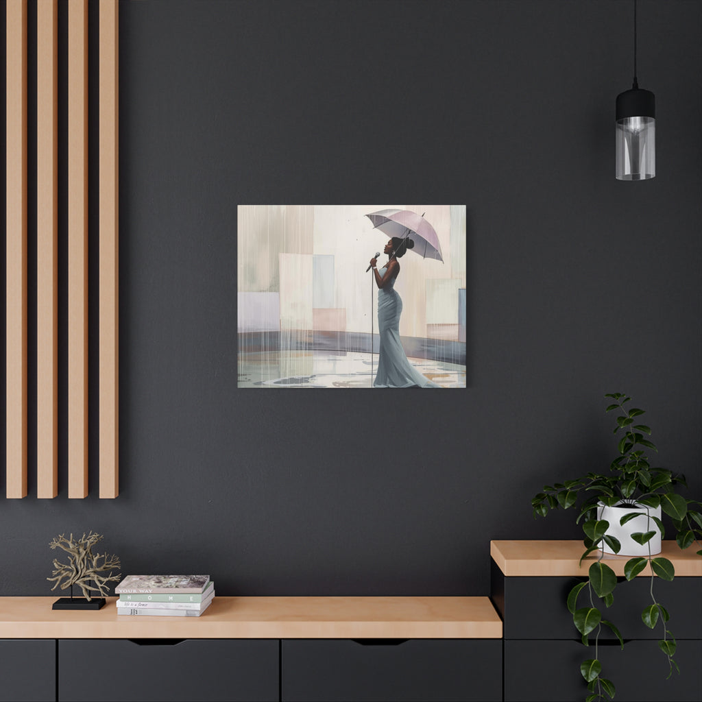 Canvas Print – Soulful Elegance: Singer in Rain with Umbrella, Matte Stretched Wall Art