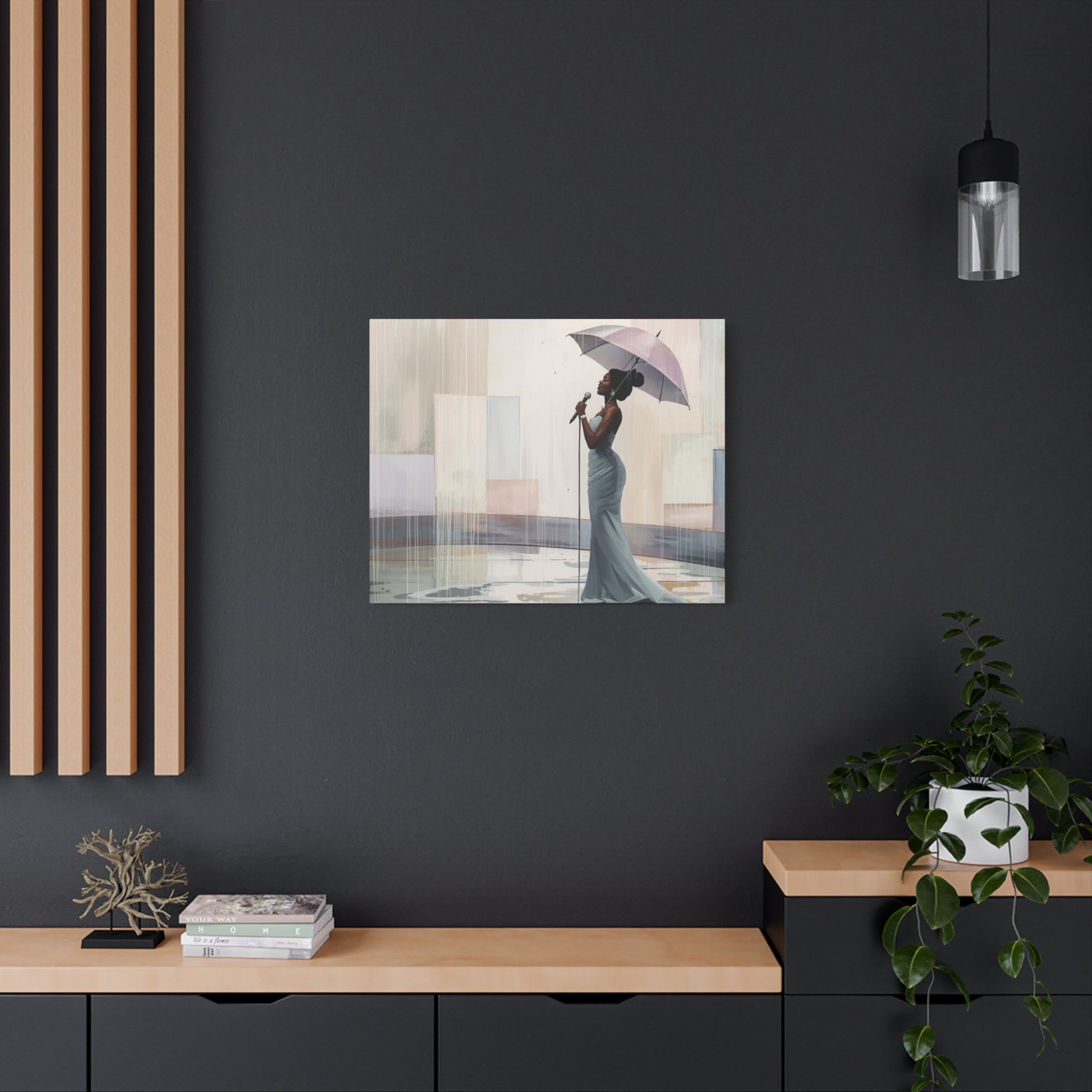 Canvas Print – Soulful Elegance: Singer in Rain with Umbrella, Matte Stretched Wall Art