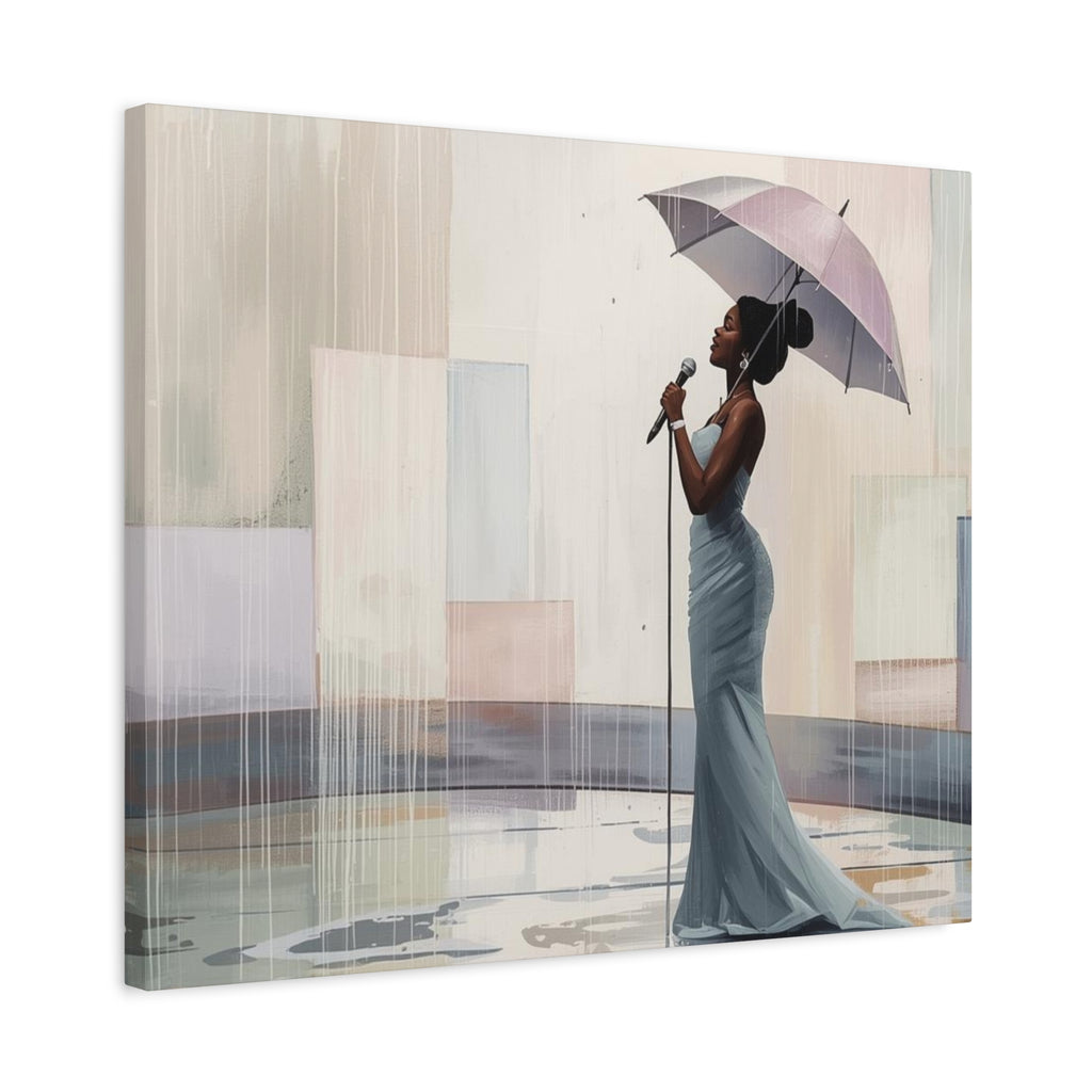 Canvas Print – Soulful Elegance: Singer in Rain with Umbrella, Matte Stretched Wall Art