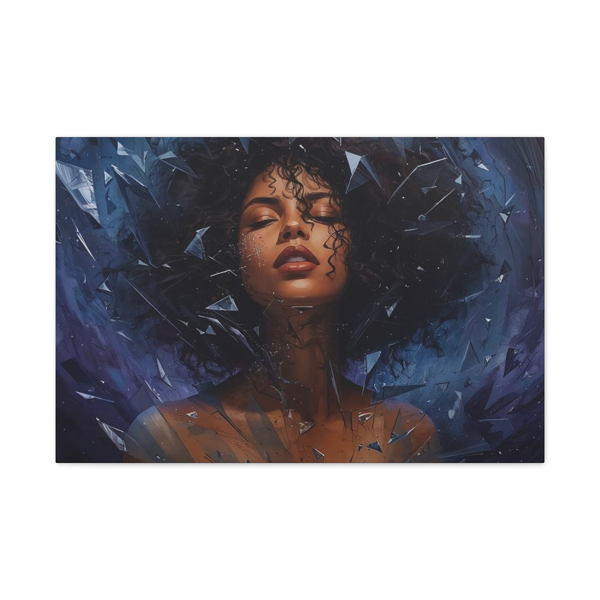 Portrait Canvas Print – Shattered Moonlight: Afro-Hispanic Woman in Indigo, Matte Stretched Wall Art