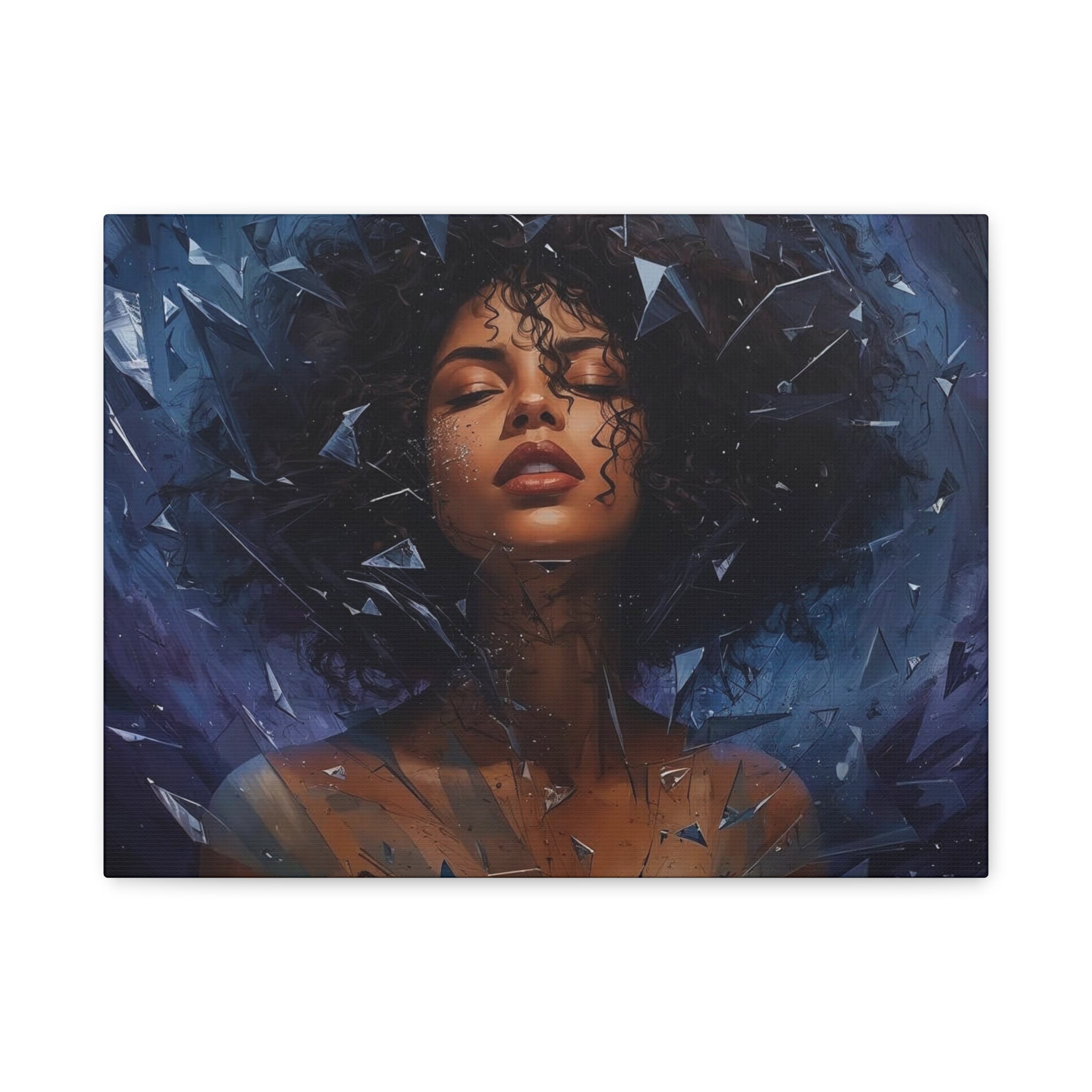 Portrait Canvas Print – Shattered Moonlight: Afro-Hispanic Woman in Indigo, Matte Stretched Wall Art