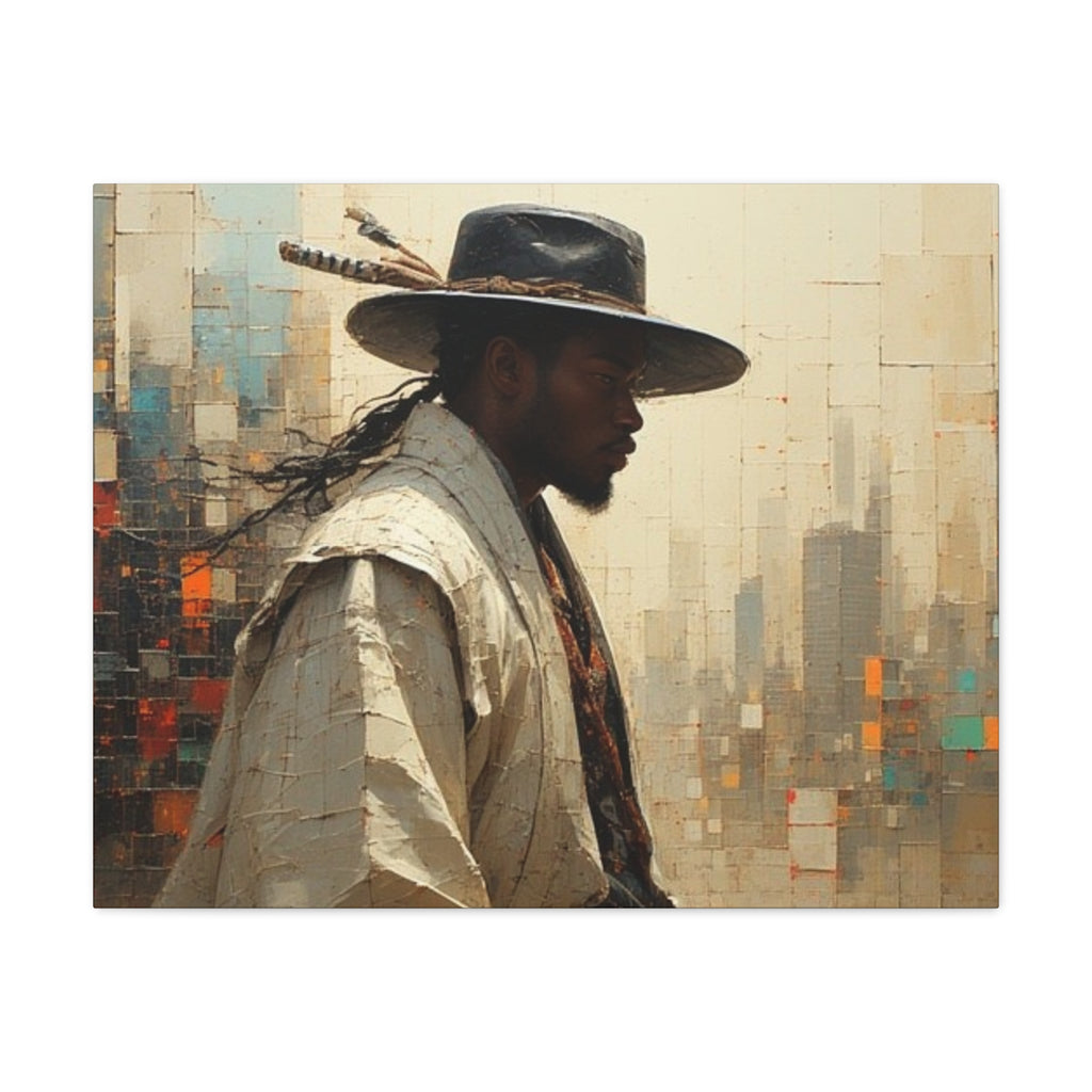 Portrait Canvas Print – Urban Samurai: Afro-American Warrior in a Modern City, Matte Stretched Wall Art
