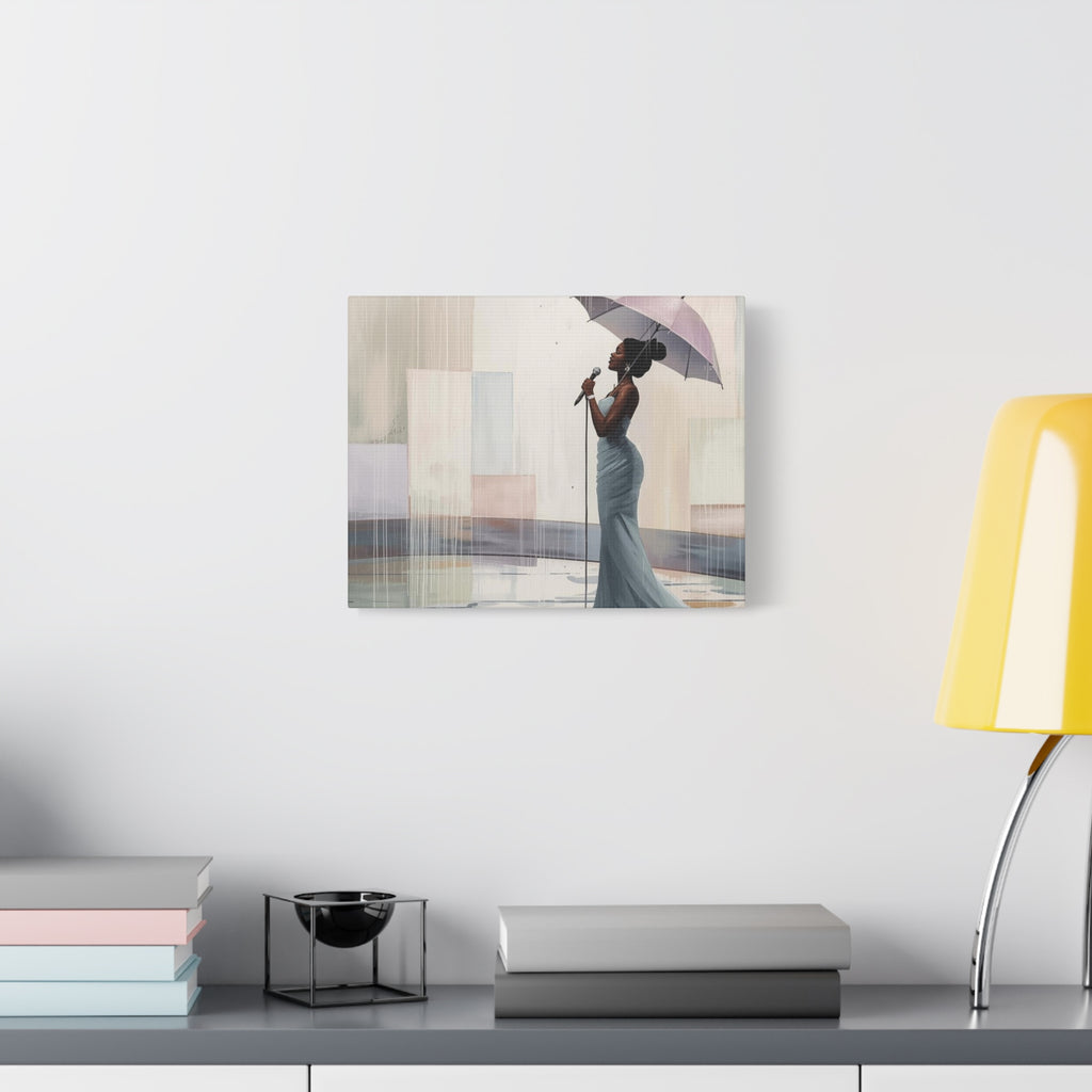 Canvas Print – Soulful Elegance: Singer in Rain with Umbrella, Matte Stretched Wall Art