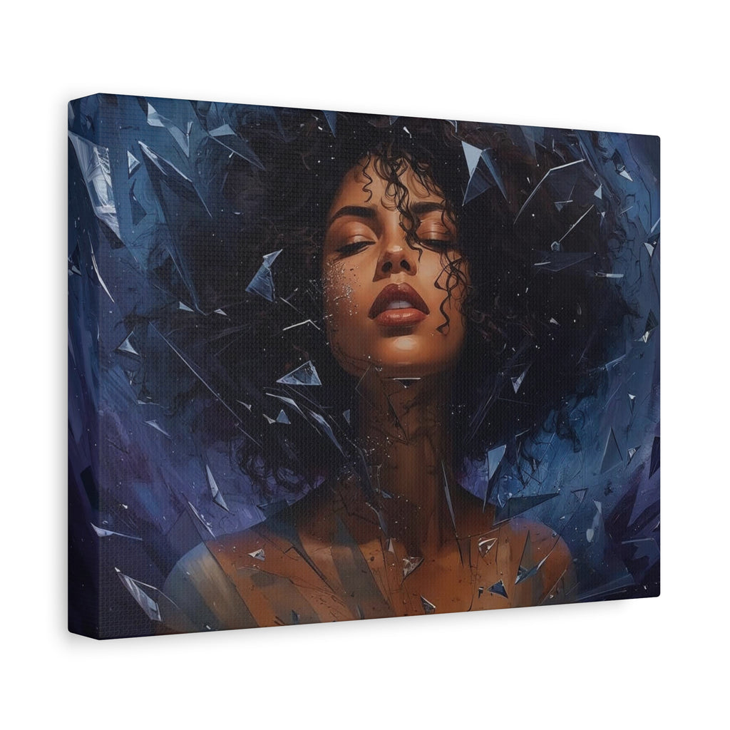 Portrait Canvas Print – Shattered Moonlight: Afro-Hispanic Woman in Indigo, Matte Stretched Wall Art