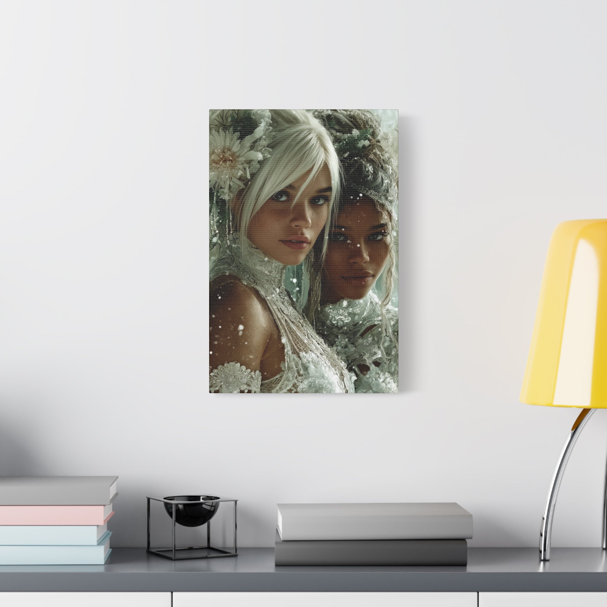 Winter Bloom: Dual Divinity Matte Canvas Print — Ethereal Portrait Wall Art