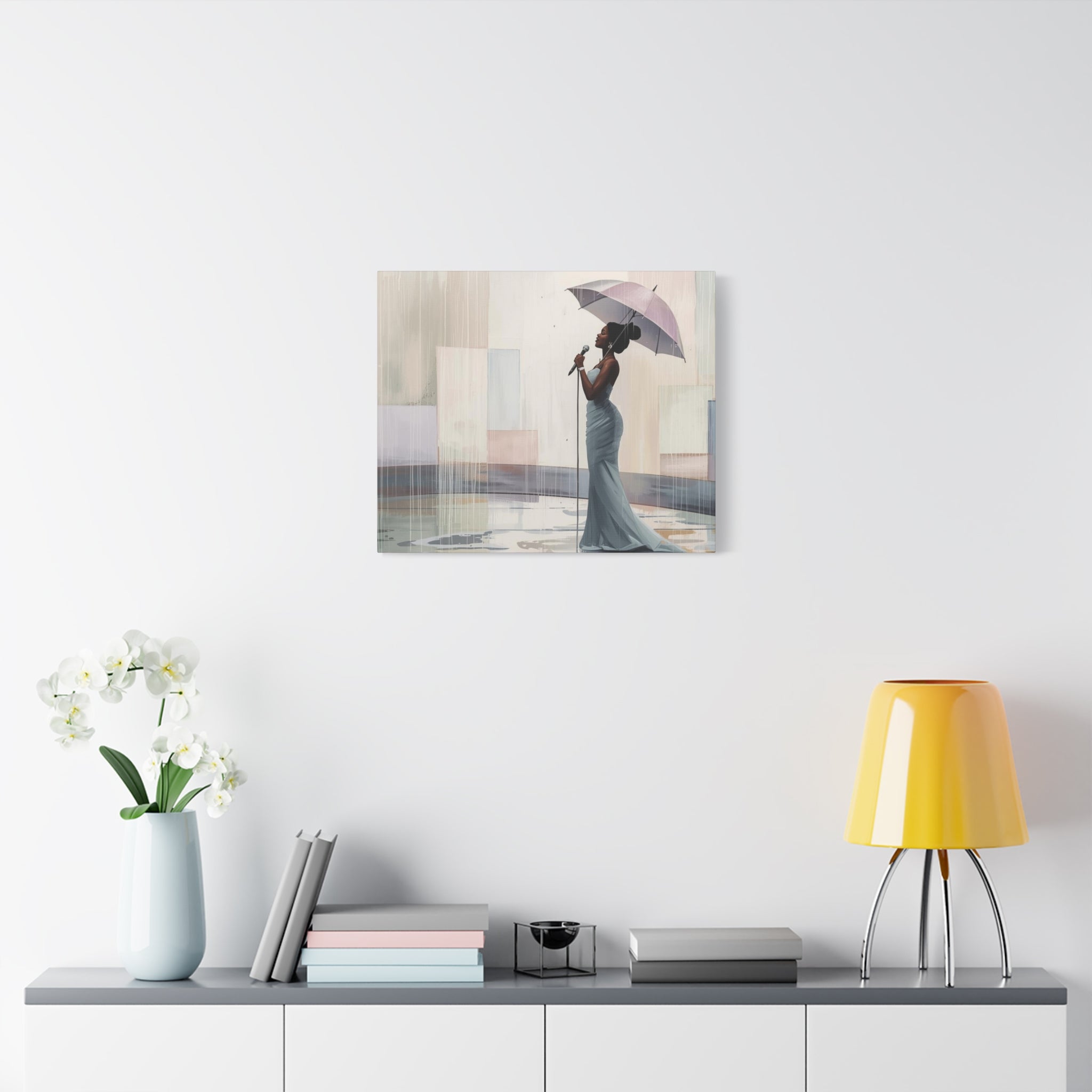 Canvas Print – Soulful Elegance: Singer in Rain with Umbrella, Matte Stretched Wall Art