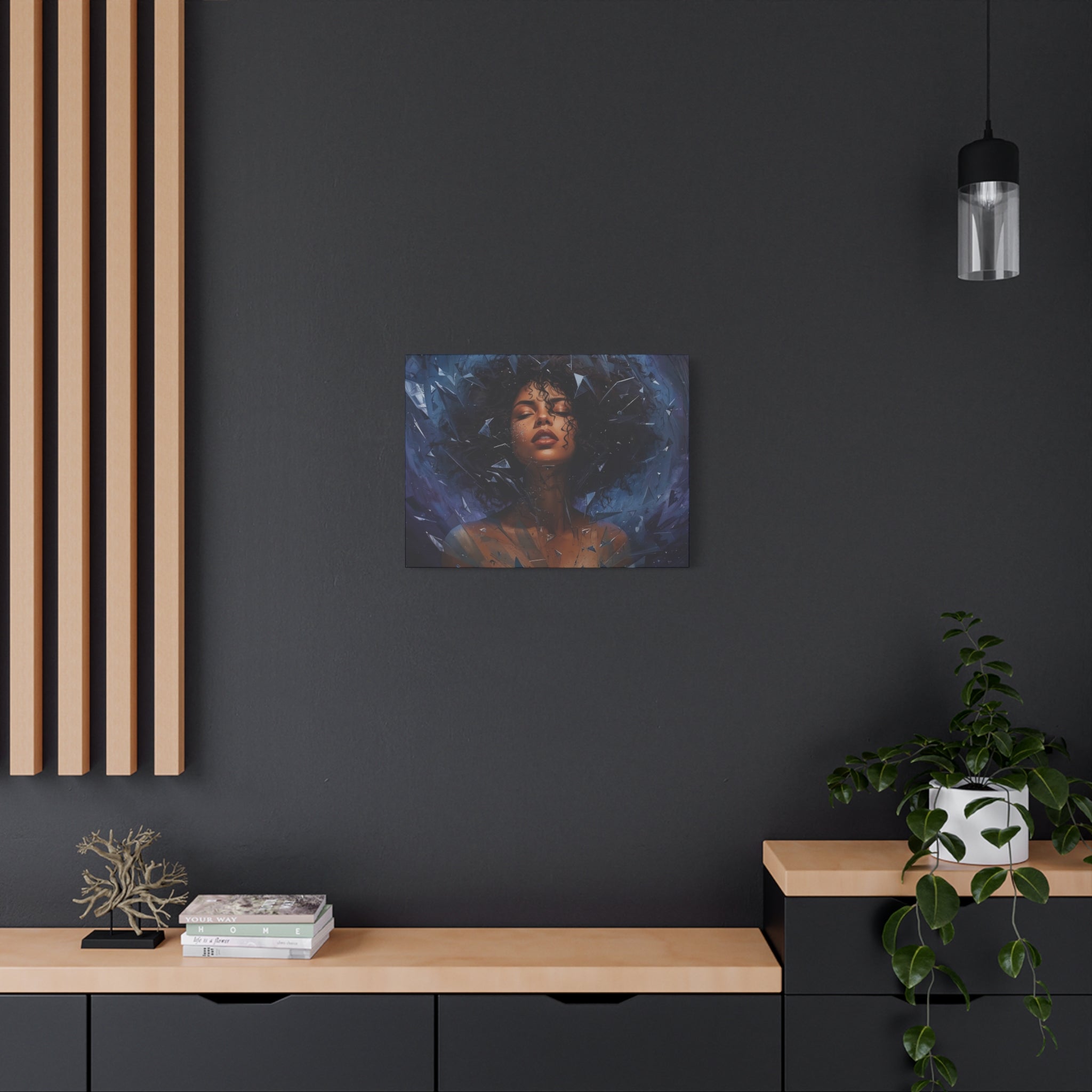 Portrait Canvas Print – Shattered Moonlight: Afro-Hispanic Woman in Indigo, Matte Stretched Wall Art