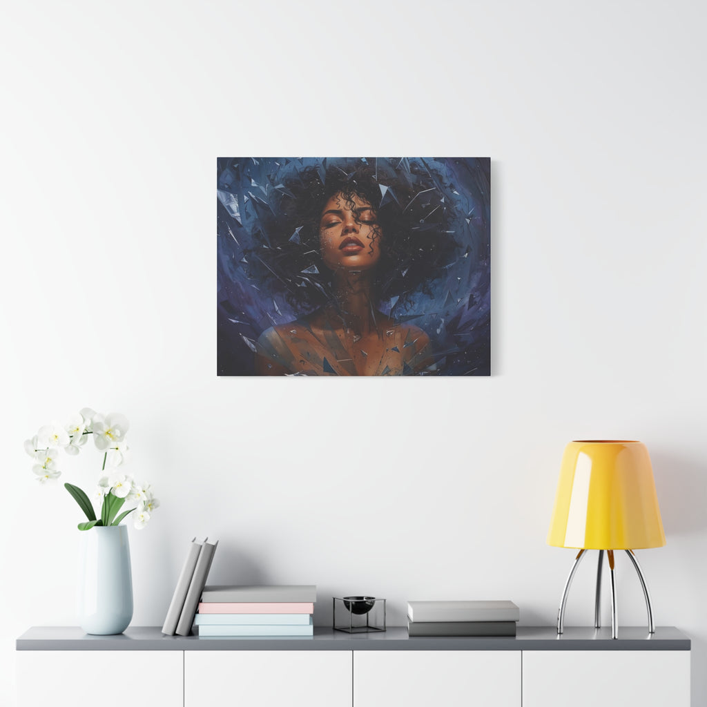 Portrait Canvas Print – Shattered Moonlight: Afro-Hispanic Woman in Indigo, Matte Stretched Wall Art