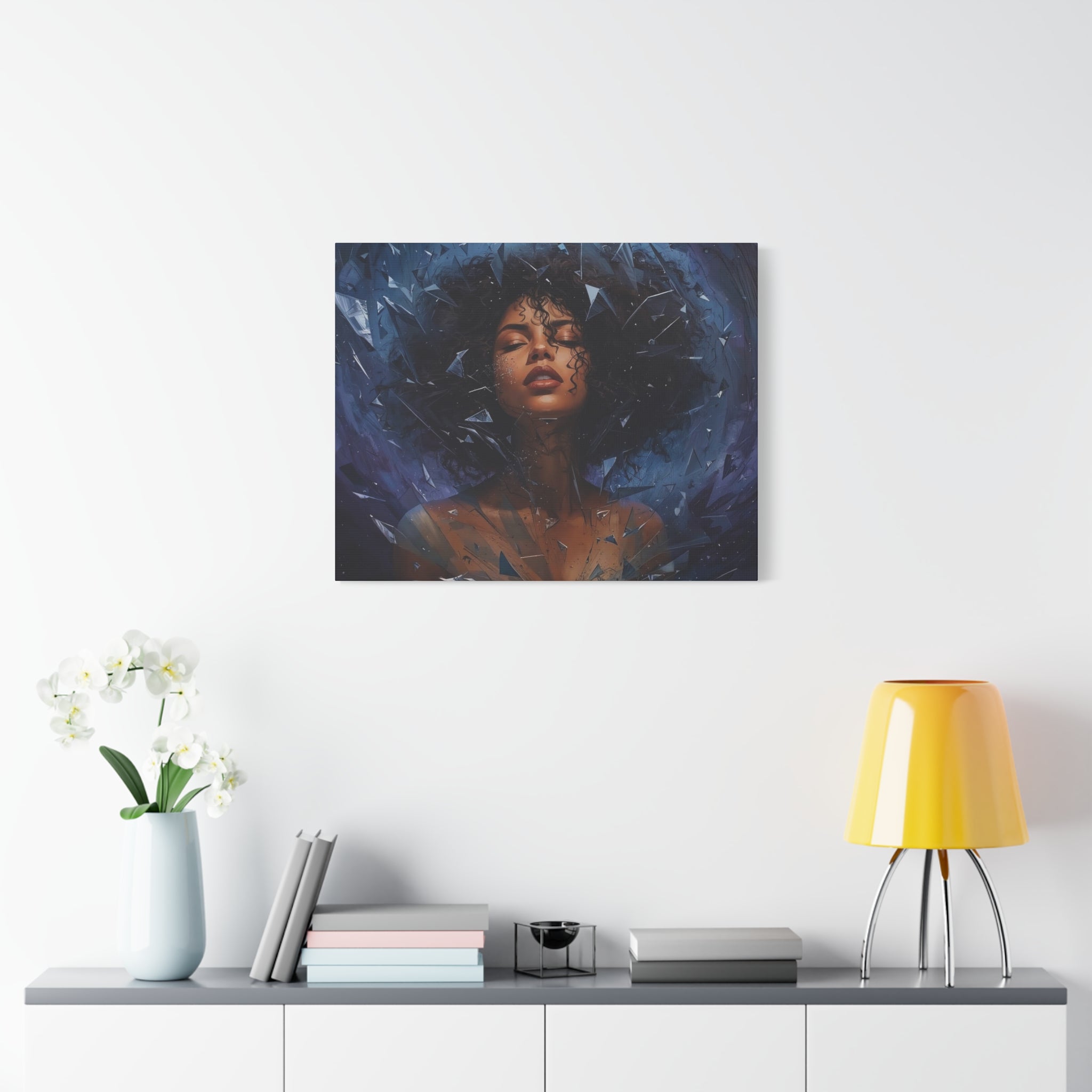 Portrait Canvas Print – Shattered Moonlight: Afro-Hispanic Woman in Indigo, Matte Stretched Wall Art