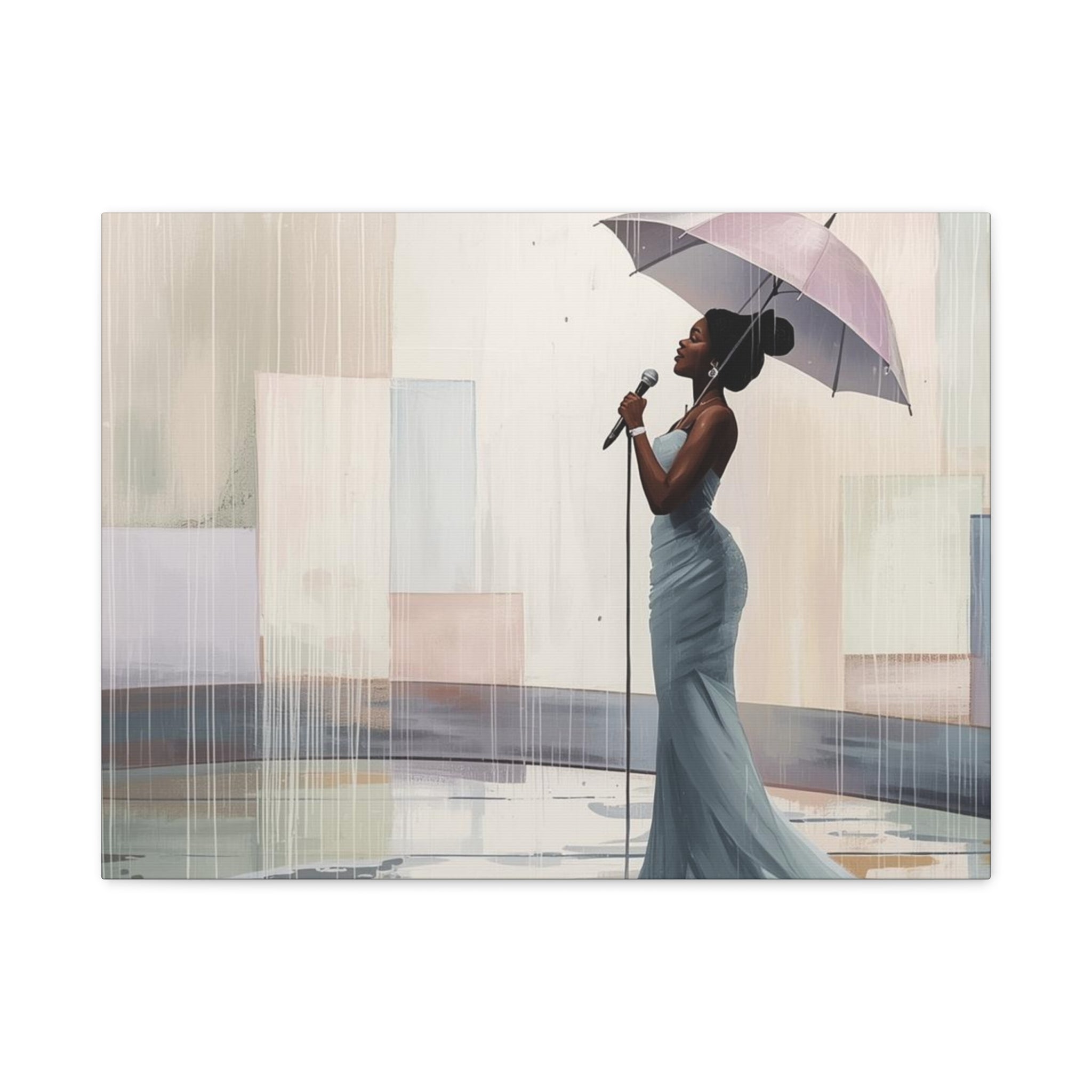 Canvas Print – Soulful Elegance: Singer in Rain with Umbrella, Matte Stretched Wall Art
