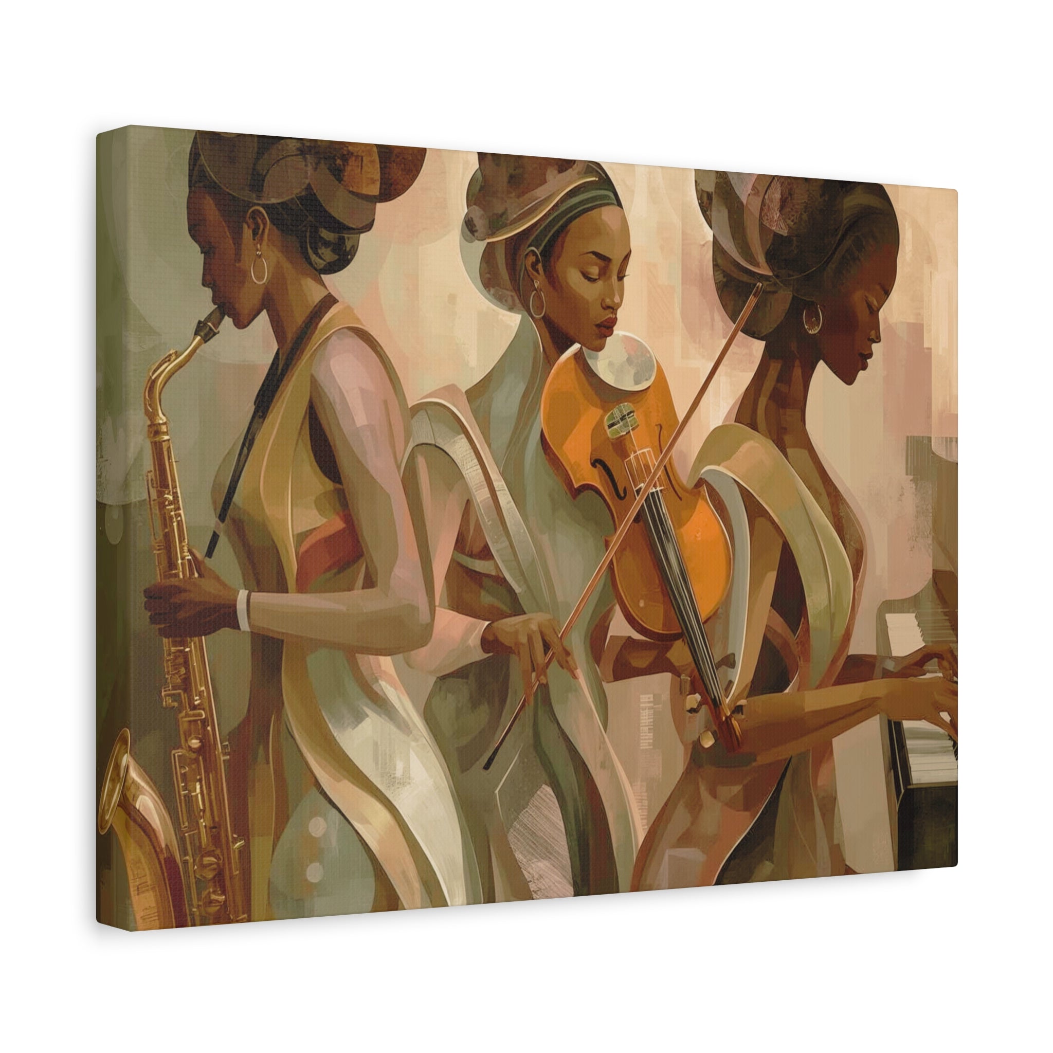 Jazz Trio Canvas Wall Art — Elegant Female Musicians Sax Violin Piano Matte Stretched Print