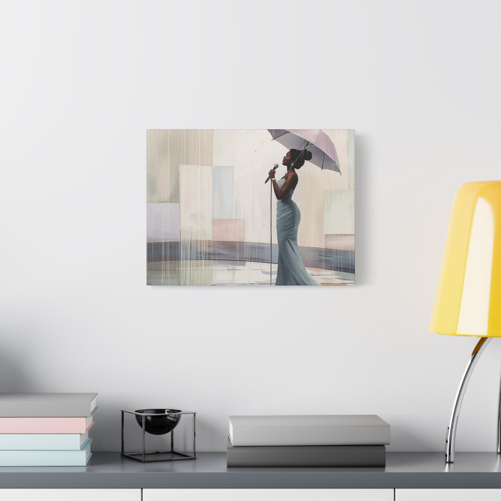 Canvas Print – Soulful Elegance: Singer in Rain with Umbrella, Matte Stretched Wall Art