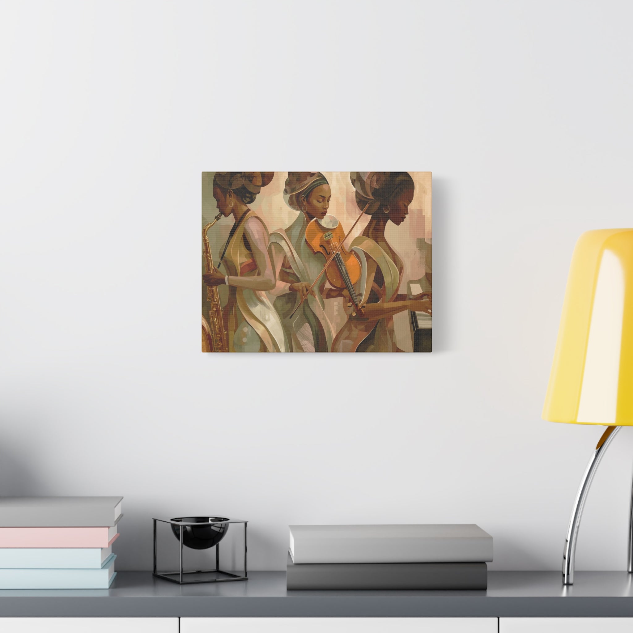 Jazz Trio Canvas Wall Art — Elegant Female Musicians Sax Violin Piano Matte Stretched Print