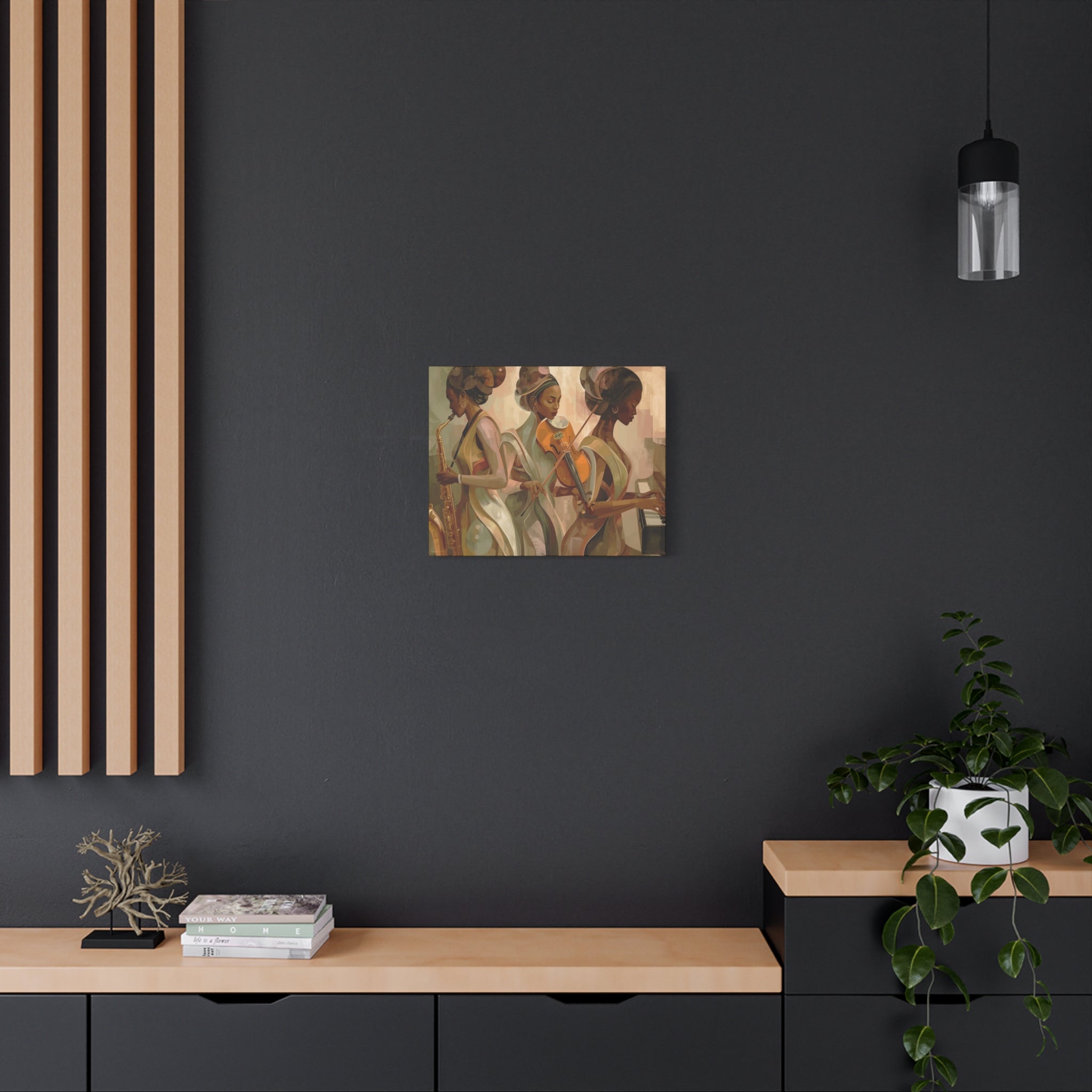 Jazz Trio Canvas Wall Art — Elegant Female Musicians Sax Violin Piano Matte Stretched Print