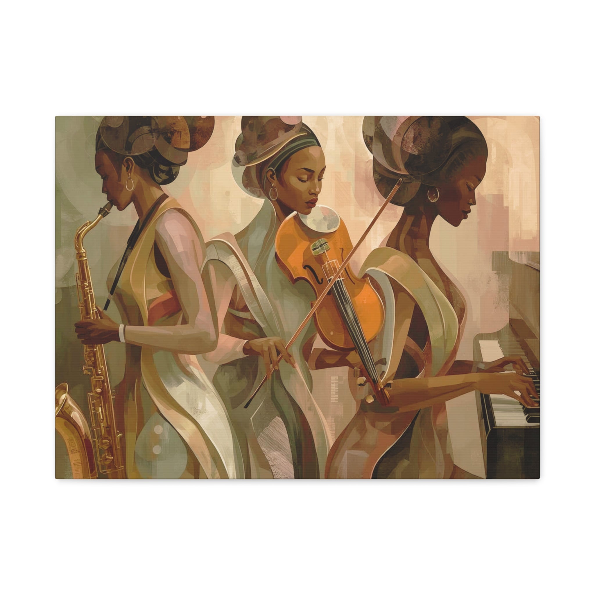 Jazz Trio Canvas Wall Art — Elegant Female Musicians Sax Violin Piano Matte Stretched Print
