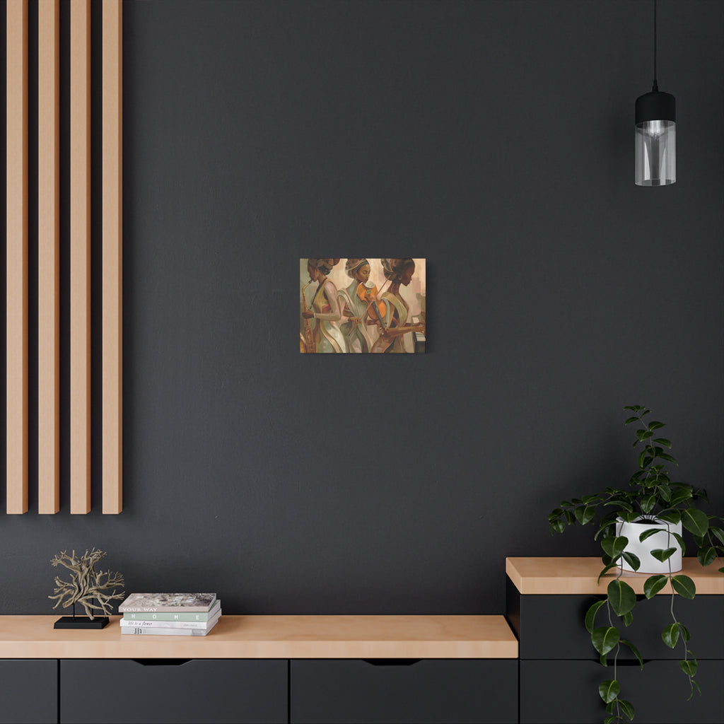 Jazz Trio Canvas Wall Art — Elegant Female Musicians Sax Violin Piano Matte Stretched Print