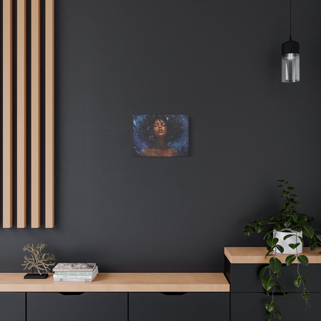 Portrait Canvas Print – Shattered Moonlight: Afro-Hispanic Woman in Indigo, Matte Stretched Wall Art