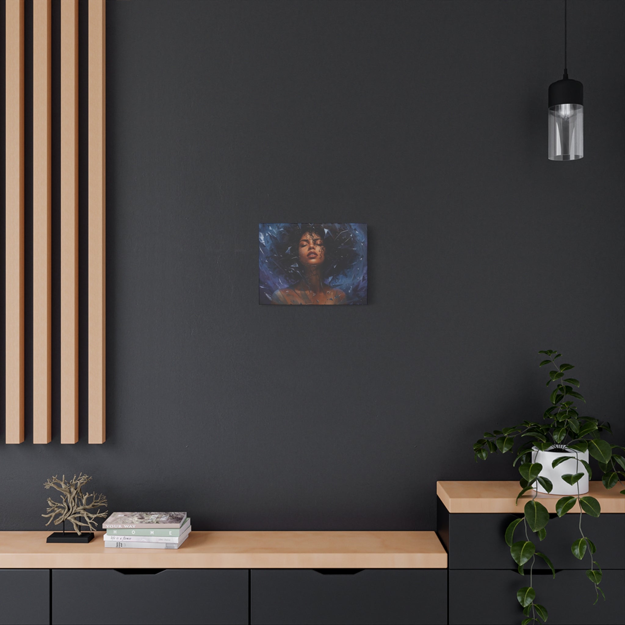 Portrait Canvas Print – Shattered Moonlight: Afro-Hispanic Woman in Indigo, Matte Stretched Wall Art
