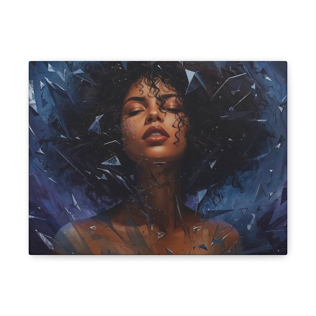 Portrait Canvas Print – Shattered Moonlight: Afro-Hispanic Woman in Indigo, Matte Stretched Wall Art