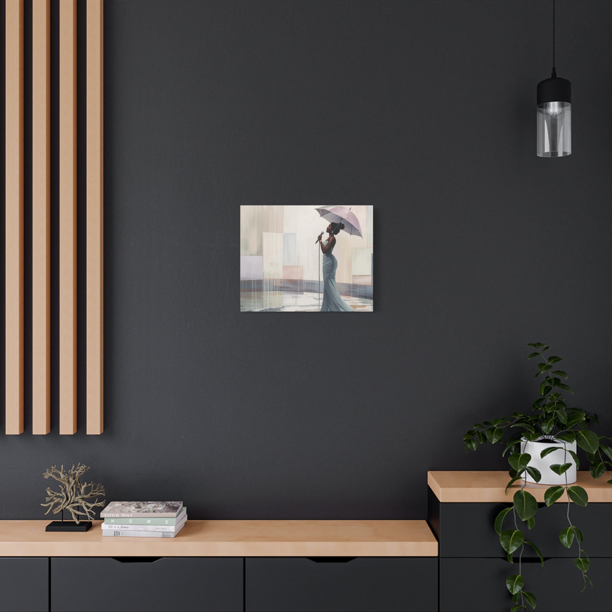 Canvas Print – Soulful Elegance: Singer in Rain with Umbrella, Matte Stretched Wall Art