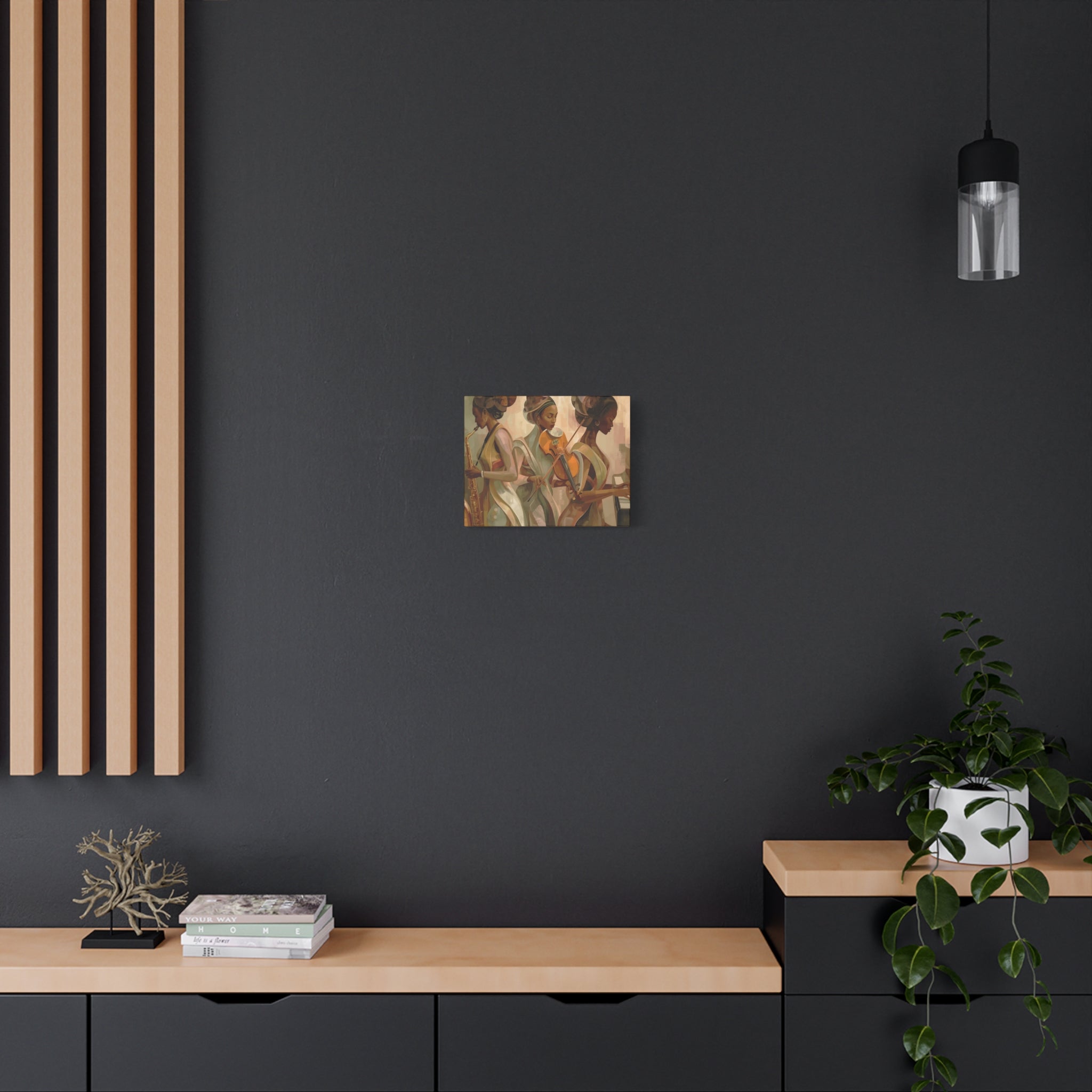Jazz Trio Canvas Wall Art — Elegant Female Musicians Sax Violin Piano Matte Stretched Print