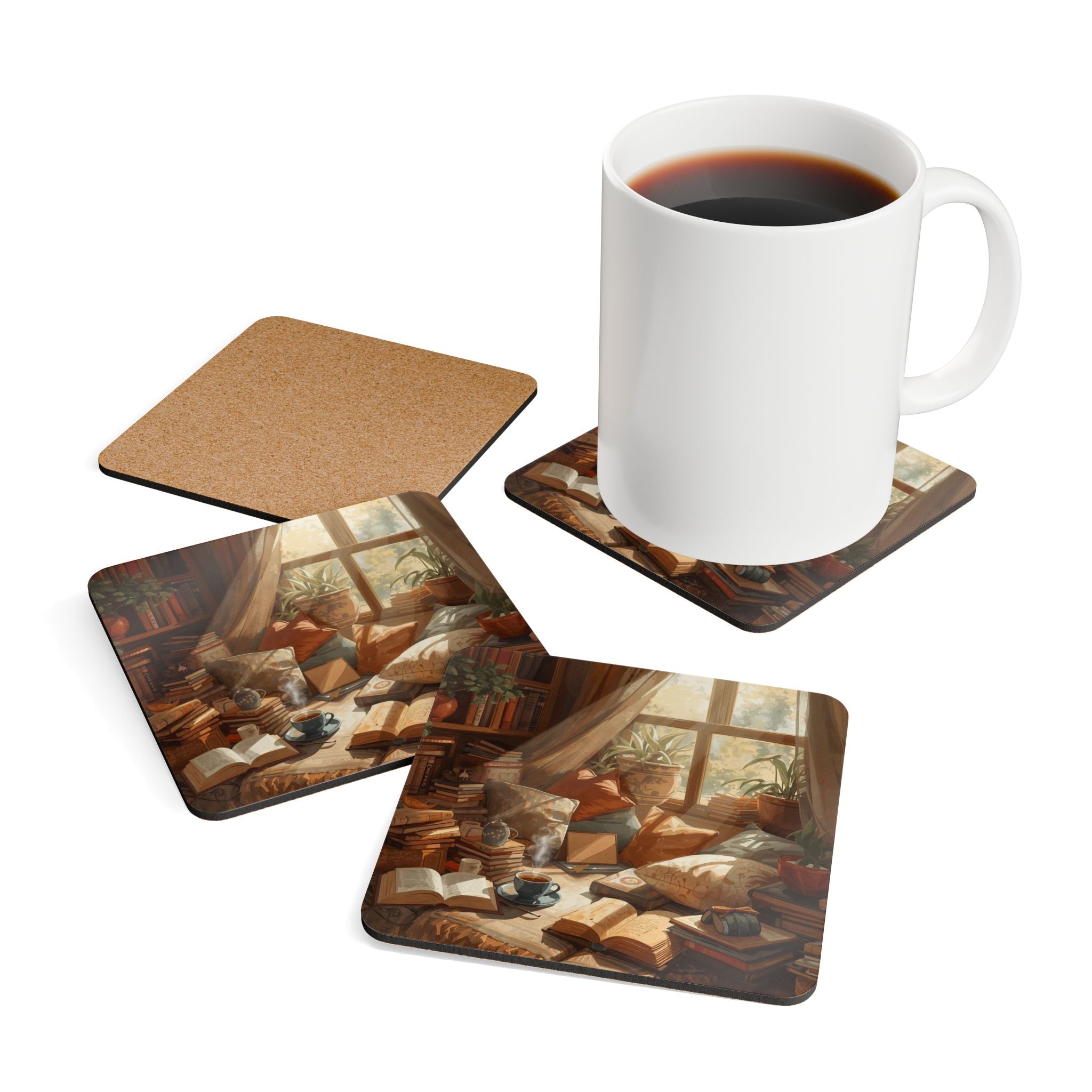 Cozy Reading Nook Cork Coaster Set — Vintage Books & Sunlit Window Art