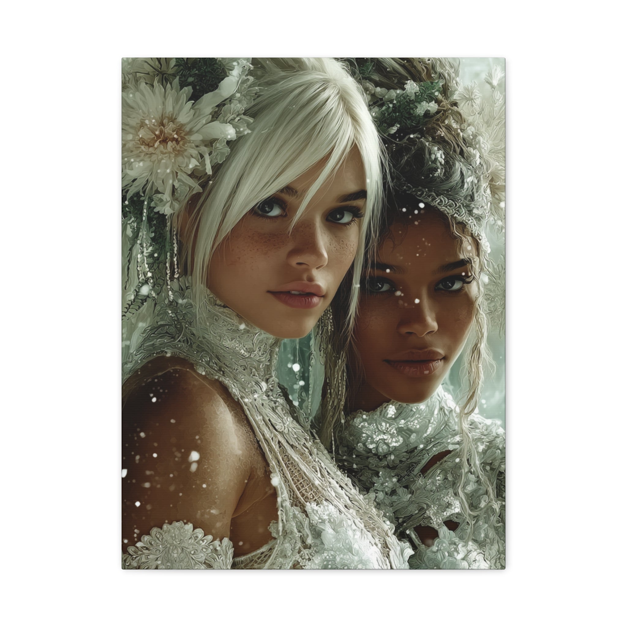 Winter Bloom: Dual Divinity Matte Canvas Print — Ethereal Portrait Wall Art