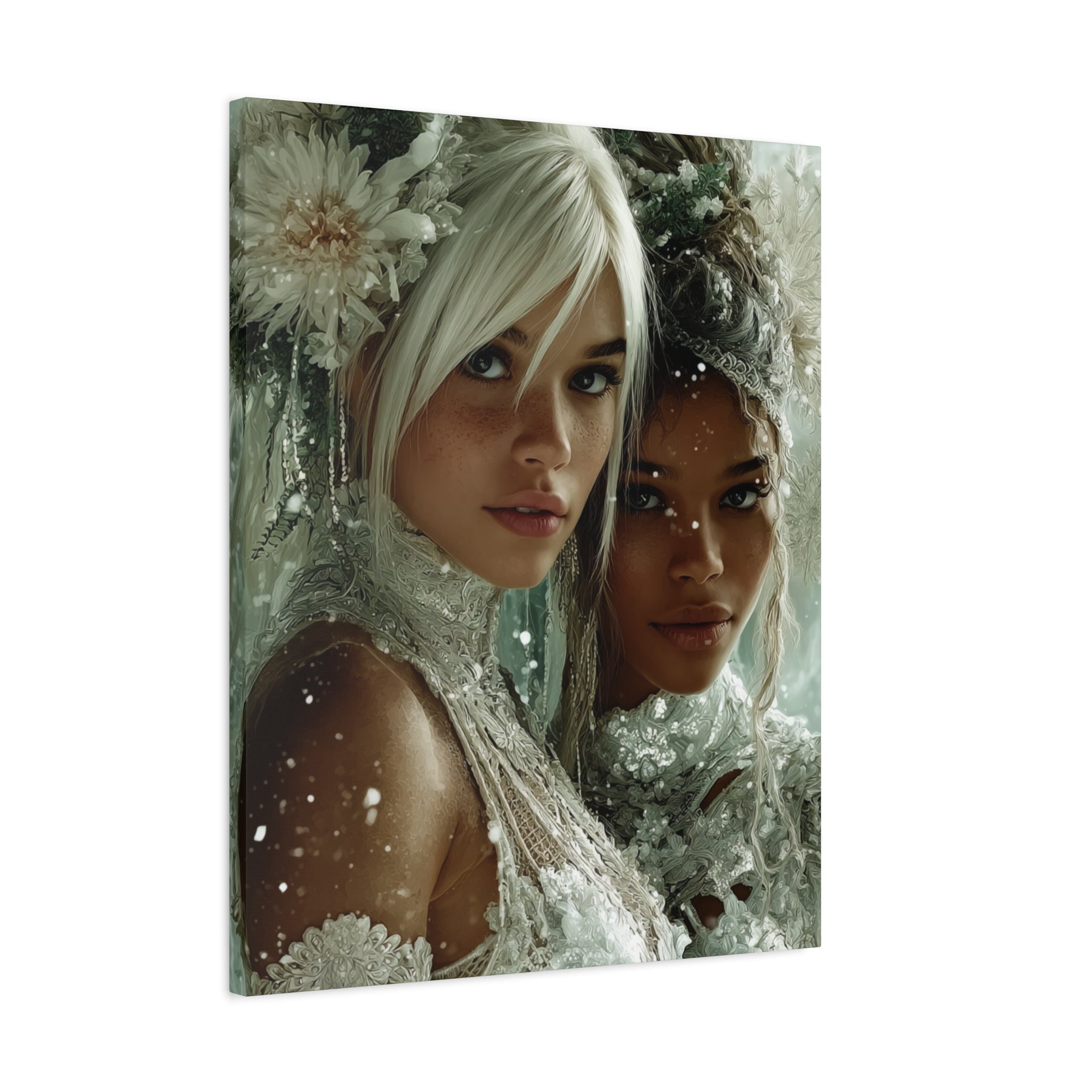 Winter Bloom: Dual Divinity Matte Canvas Print — Ethereal Portrait Wall Art