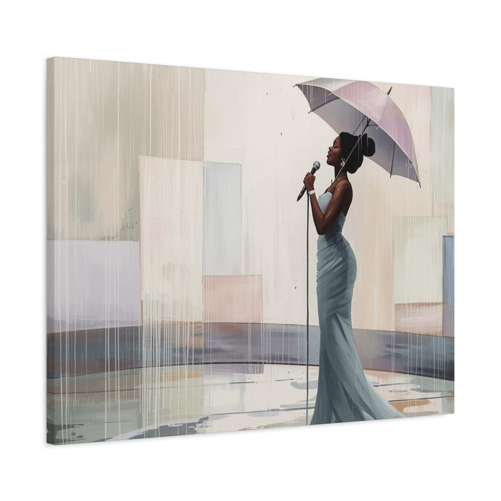 Canvas Print – Soulful Elegance: Singer in Rain with Umbrella, Matte Stretched Wall Art