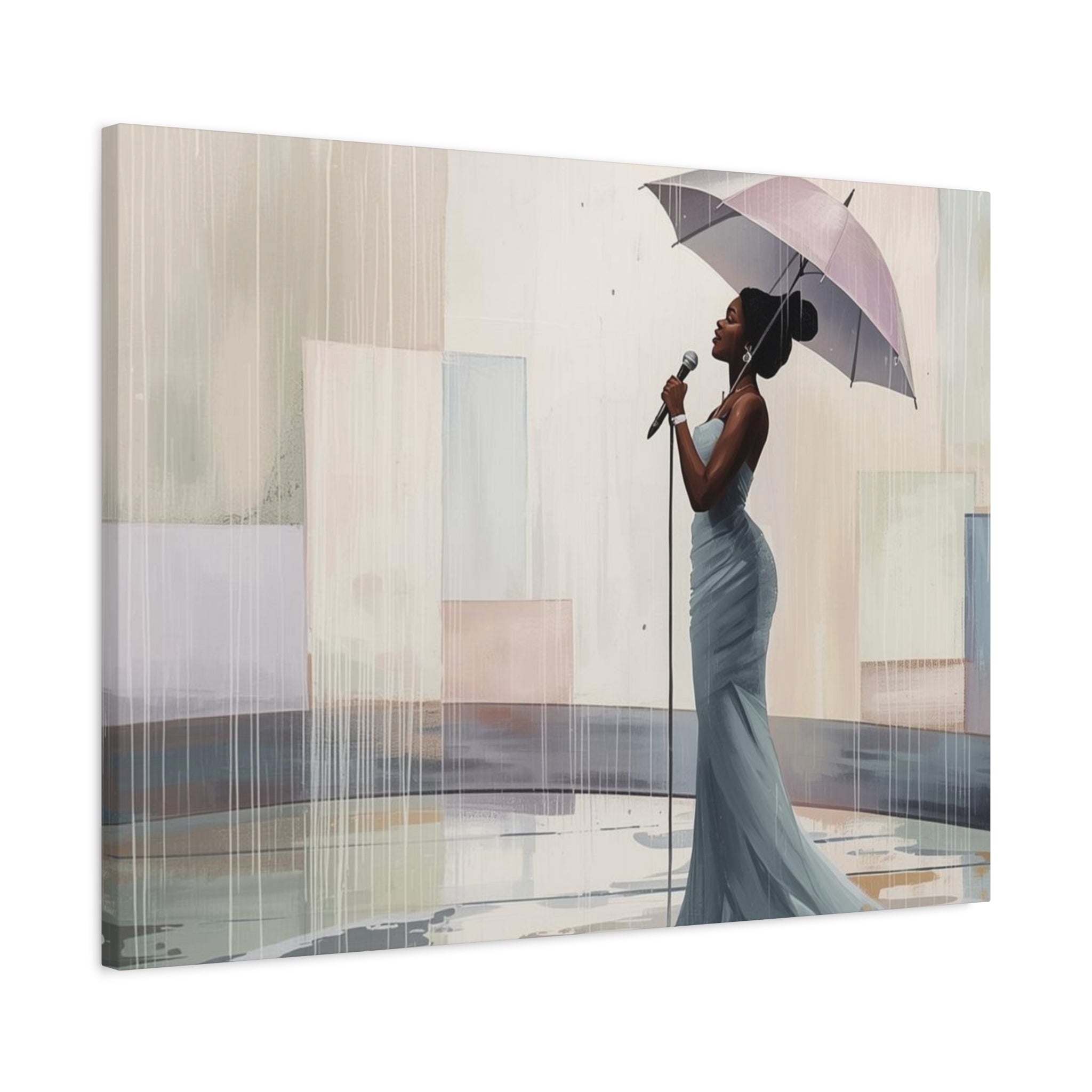 Canvas Print – Soulful Elegance: Singer in Rain with Umbrella, Matte Stretched Wall Art