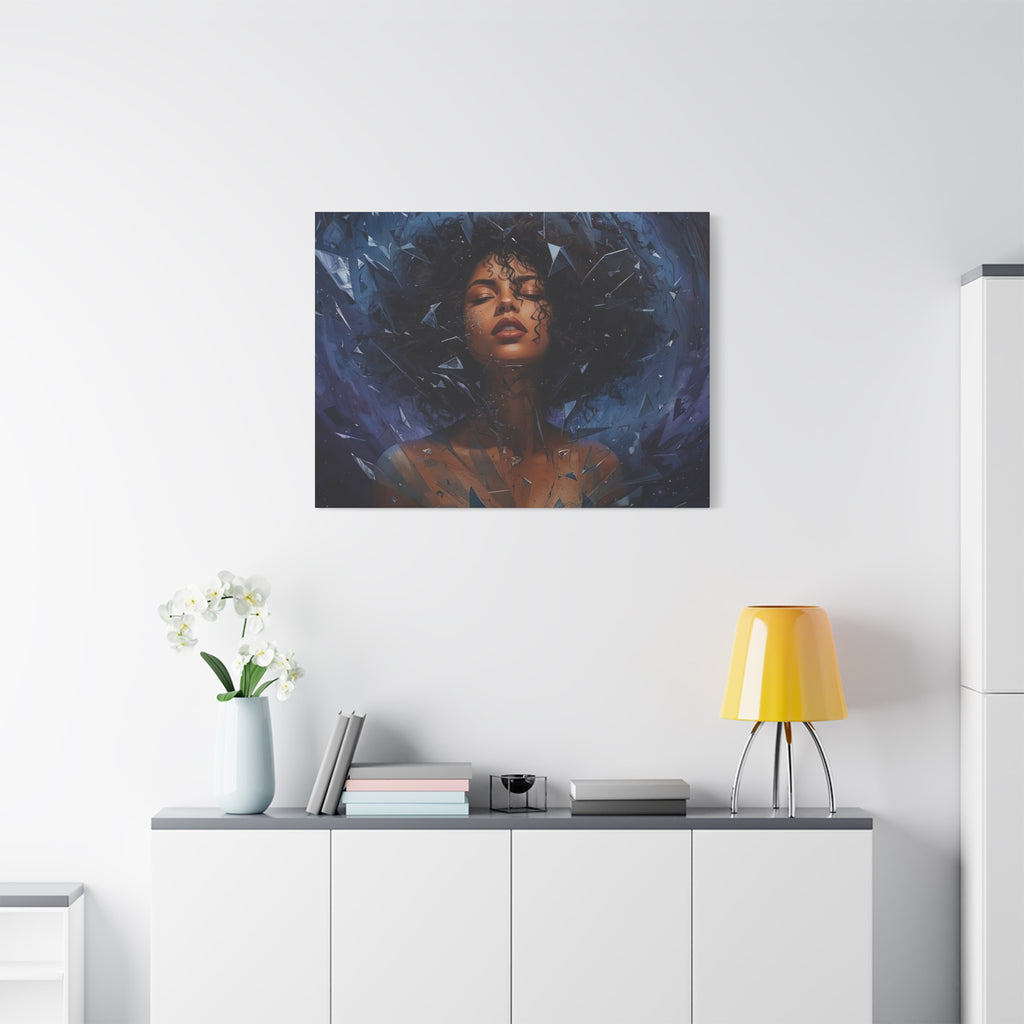Portrait Canvas Print – Shattered Moonlight: Afro-Hispanic Woman in Indigo, Matte Stretched Wall Art