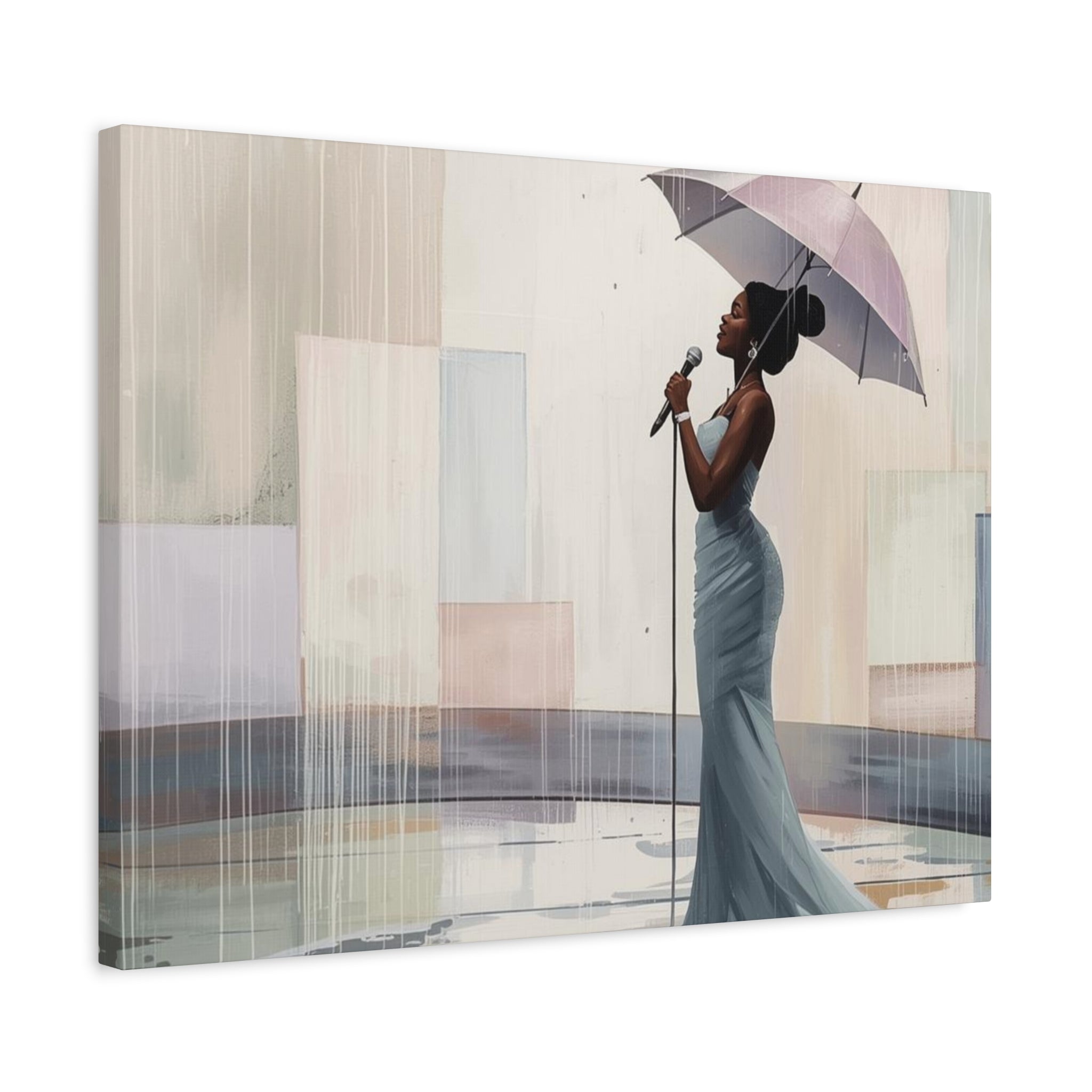 Canvas Print – Soulful Elegance: Singer in Rain with Umbrella, Matte Stretched Wall Art