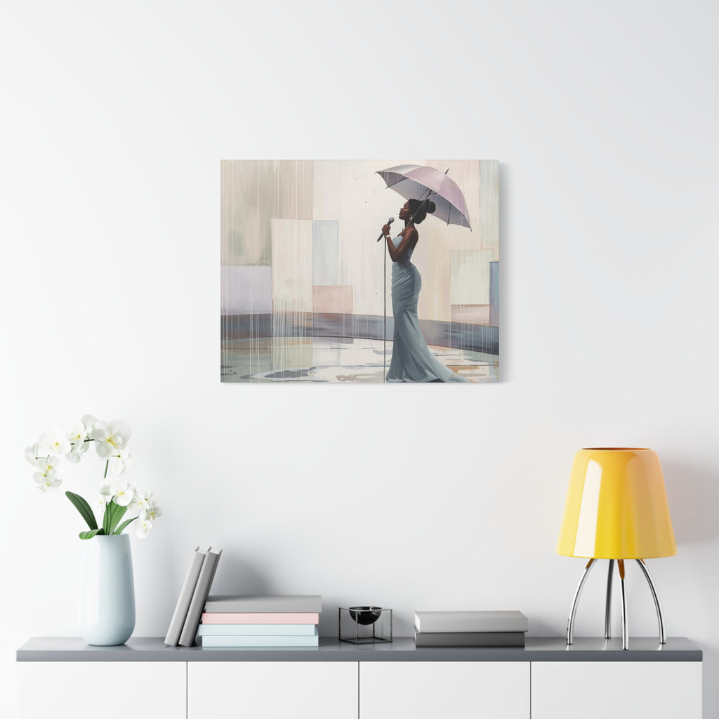 Canvas Print – Soulful Elegance: Singer in Rain with Umbrella, Matte Stretched Wall Art