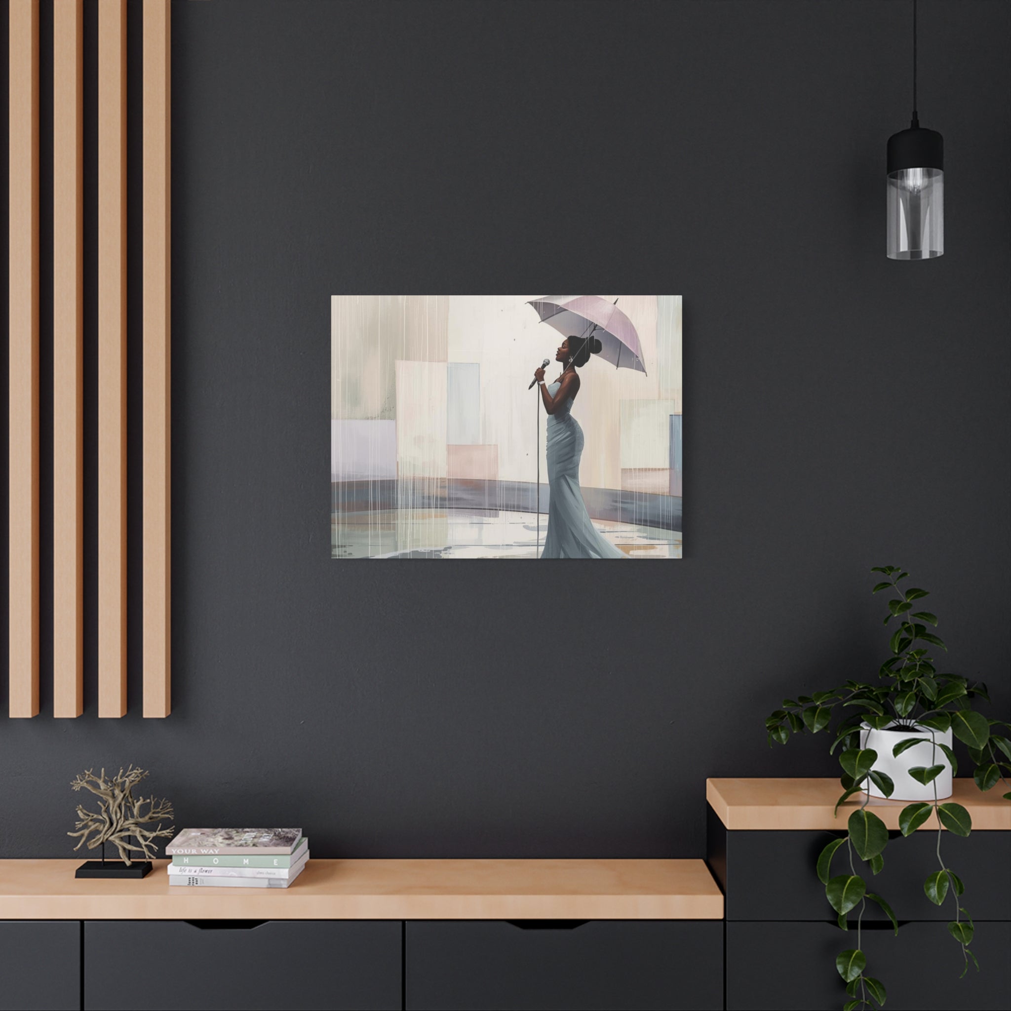 Canvas Print – Soulful Elegance: Singer in Rain with Umbrella, Matte Stretched Wall Art